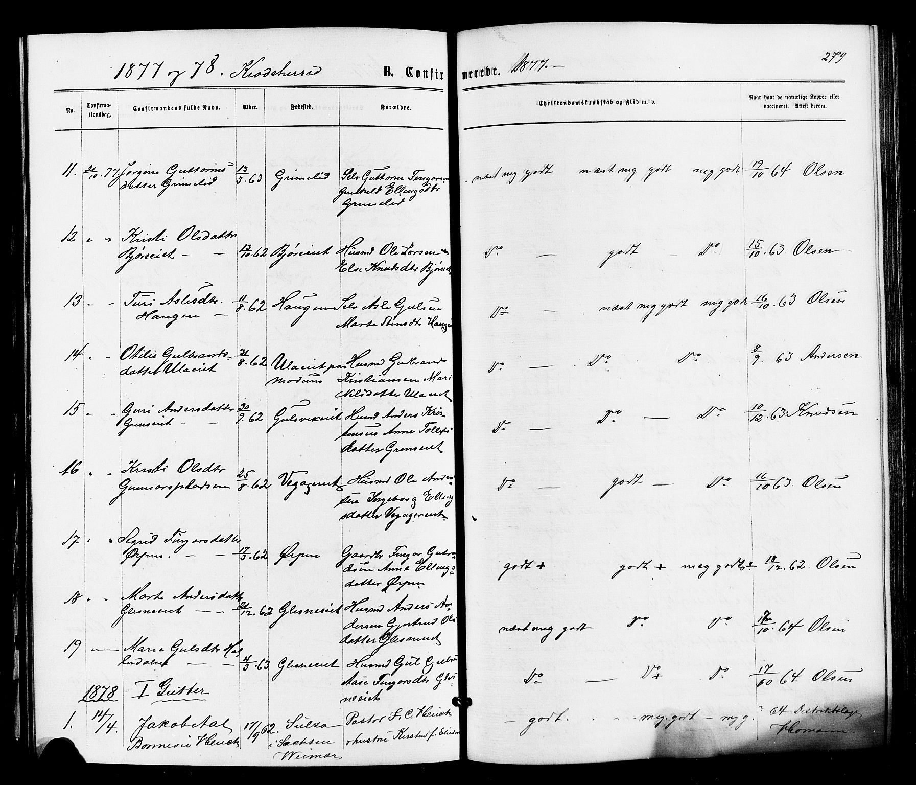 Sigdal kirkebøker, SAKO/A-245/F/Fa/L0010: Parish register (official) no. I 10 /2, 1872-1878, p. 279
