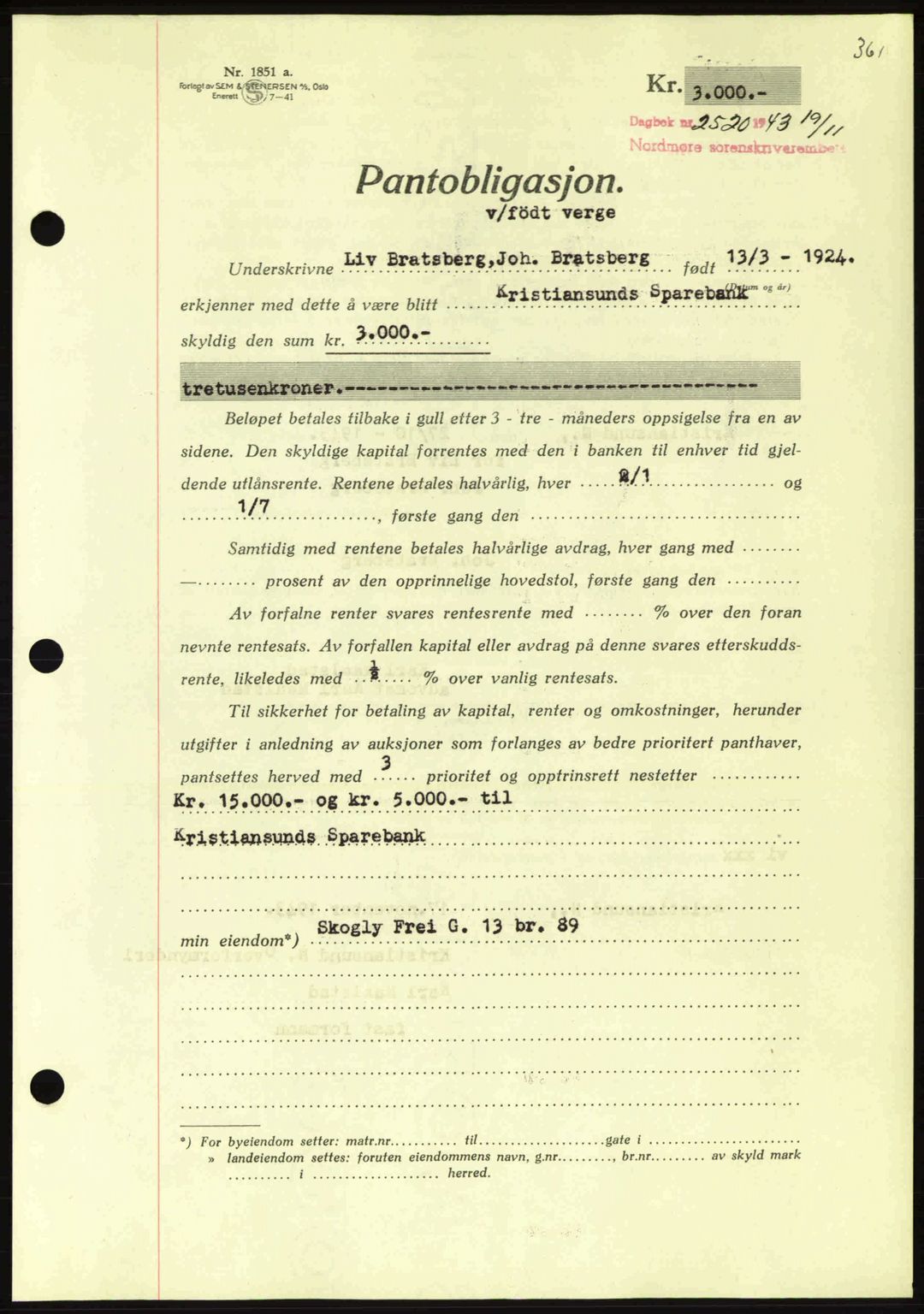 Nordmøre sorenskriveri, AV/SAT-A-4132/1/2/2Ca: Mortgage book no. B91, 1943-1944, Diary no: : 2520/1943