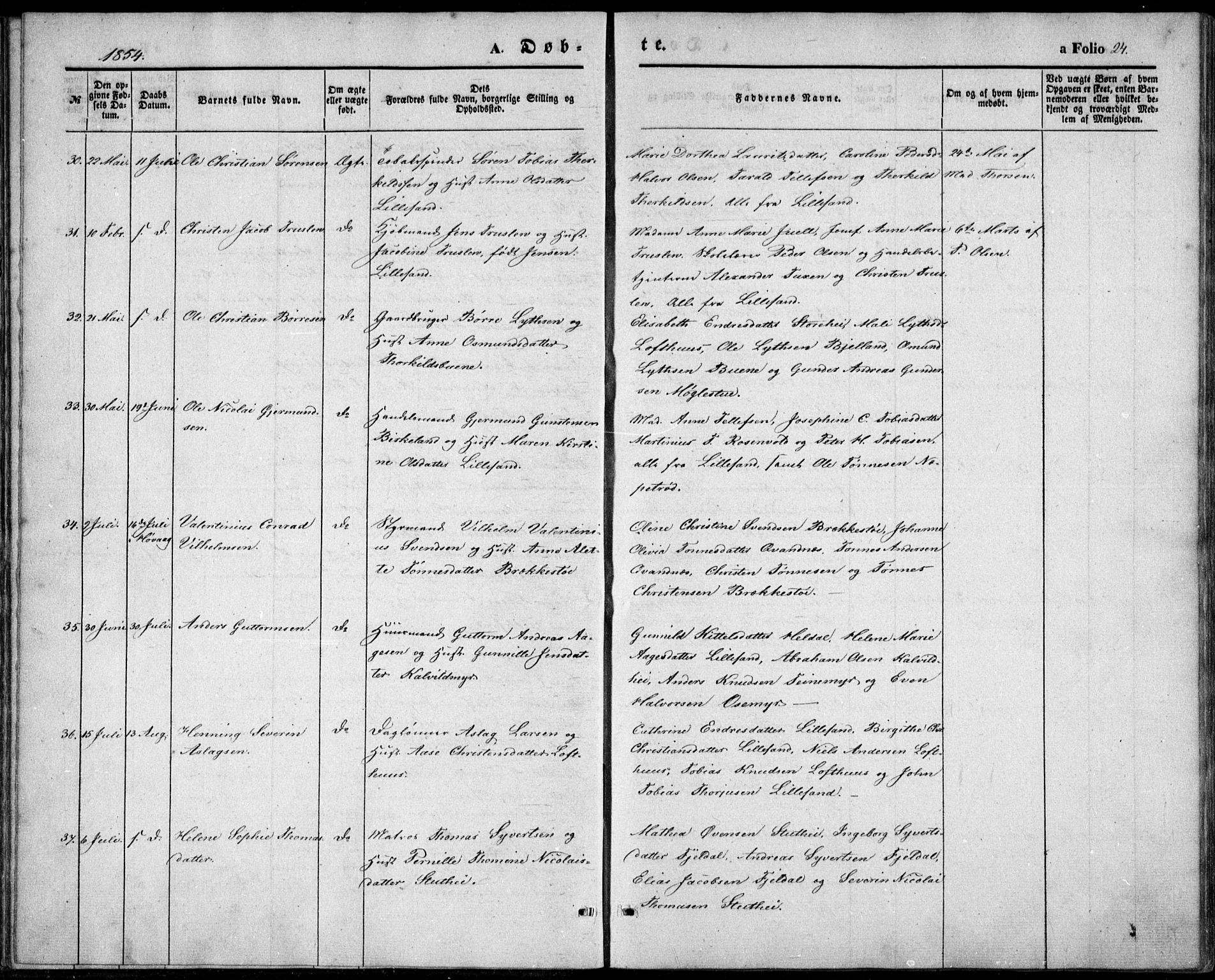 Vestre Moland sokneprestkontor, AV/SAK-1111-0046/F/Fb/Fbb/L0003: Parish register (copy) no. B 3, 1851-1861, p. 24