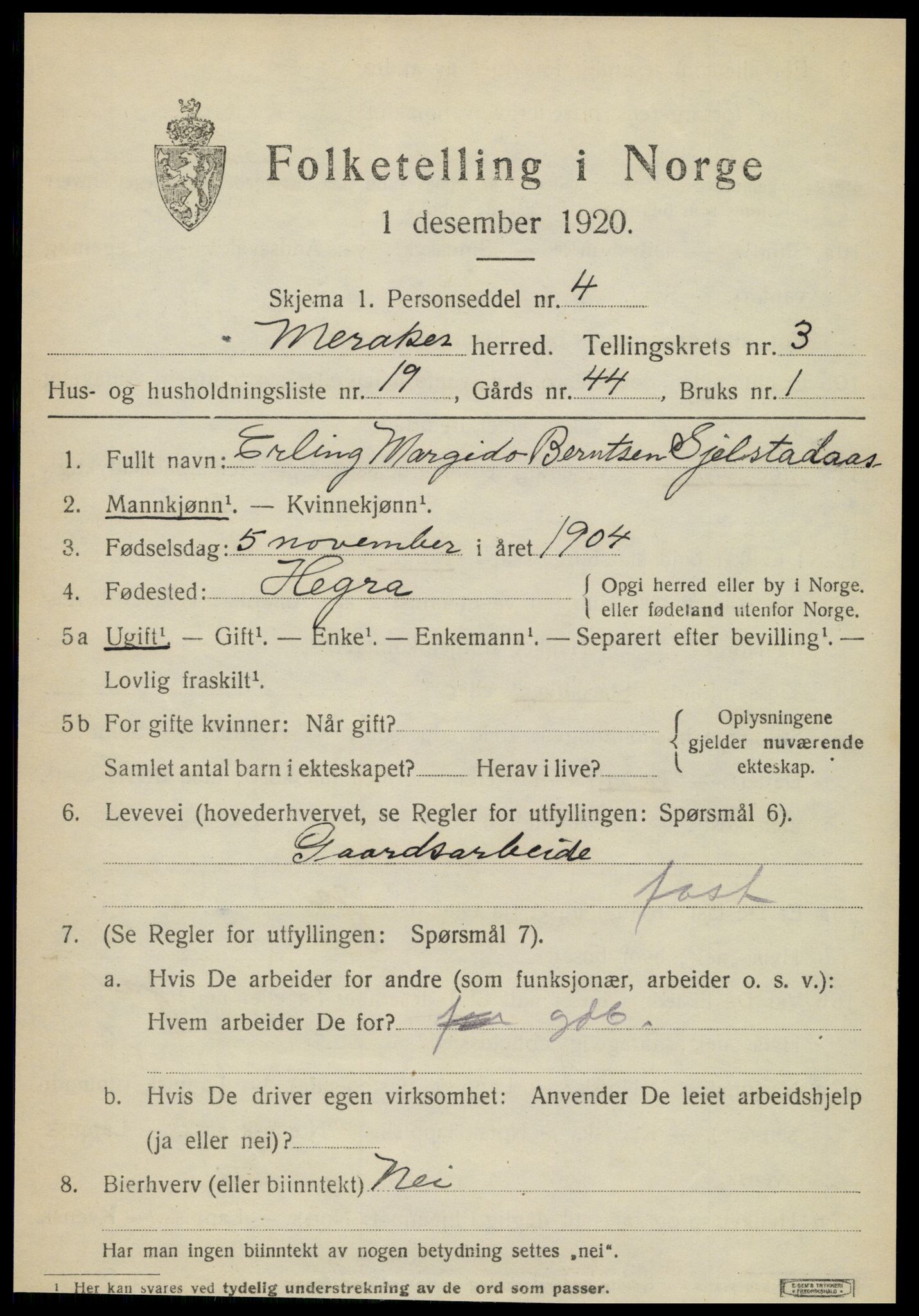 SAT, 1920 census for Meråker, 1920, p. 3366