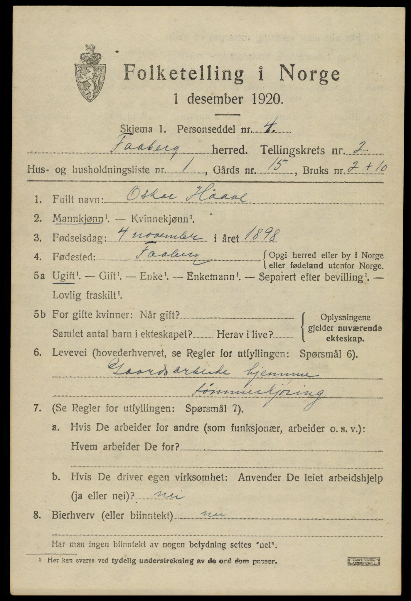 SAH, 1920 census for Fåberg, 1920, p. 3236