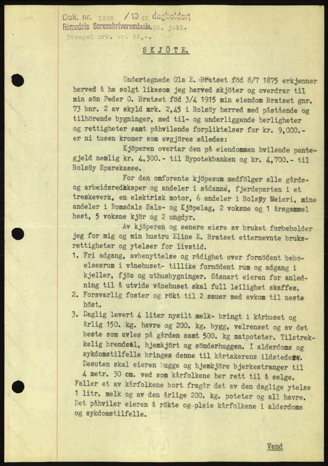 Romsdal sorenskriveri, AV/SAT-A-4149/1/2/2C: Mortgage book no. A12, 1942-1942, Diary no: : 1498/1942