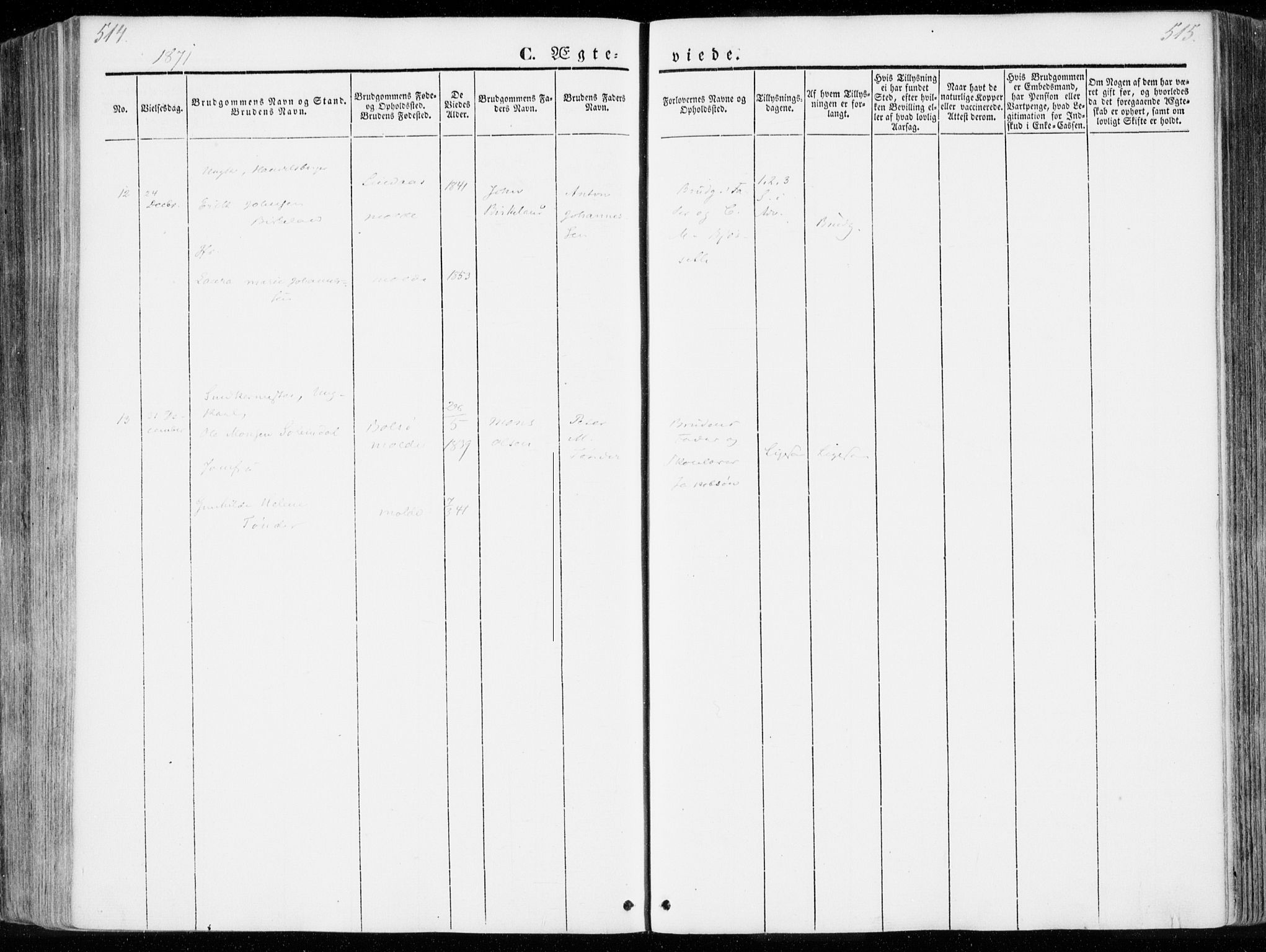 Ministerialprotokoller, klokkerbøker og fødselsregistre - Møre og Romsdal, SAT/A-1454/558/L0689: Parish register (official) no. 558A03, 1843-1872, p. 514-515