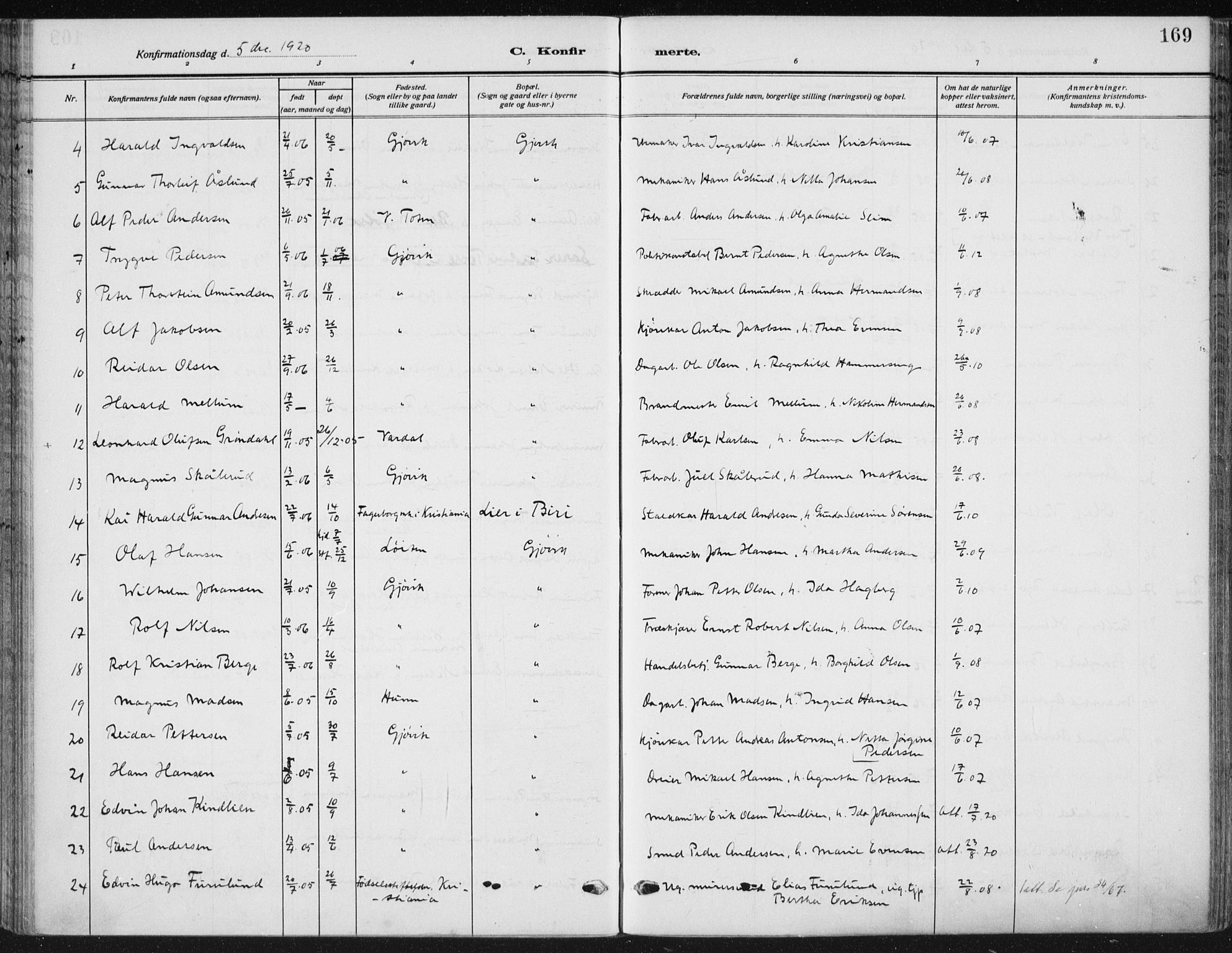 Vardal prestekontor, SAH/PREST-100/H/Ha/Haa/L0014: Parish register (official) no. 14, 1912-1922, p. 169