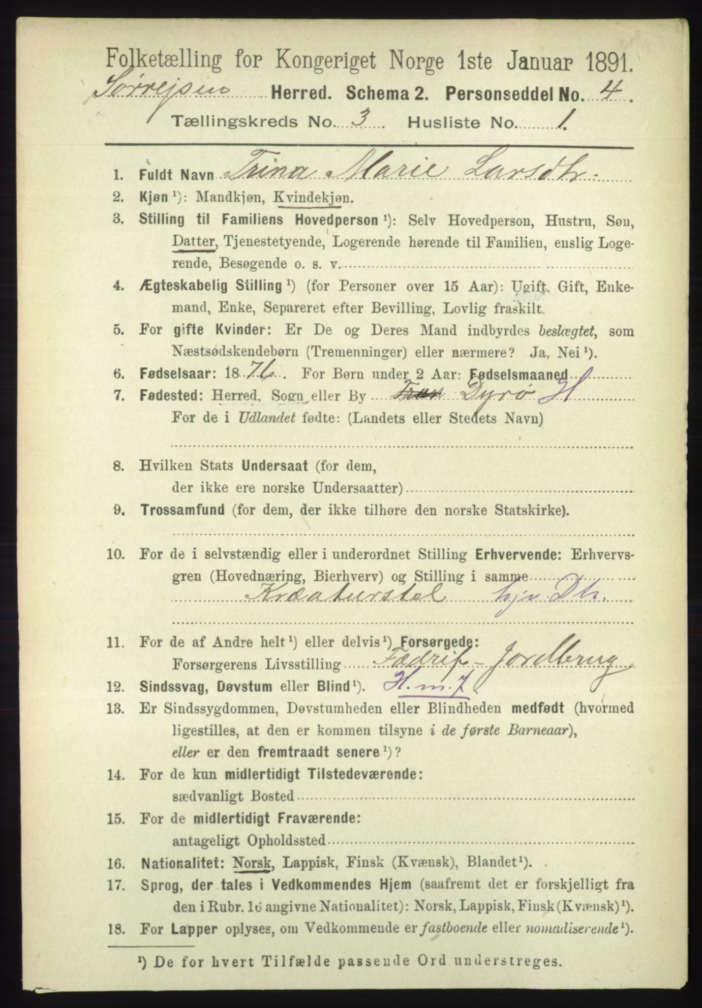 RA, 1891 census for 1925 Sørreisa, 1891, p. 688