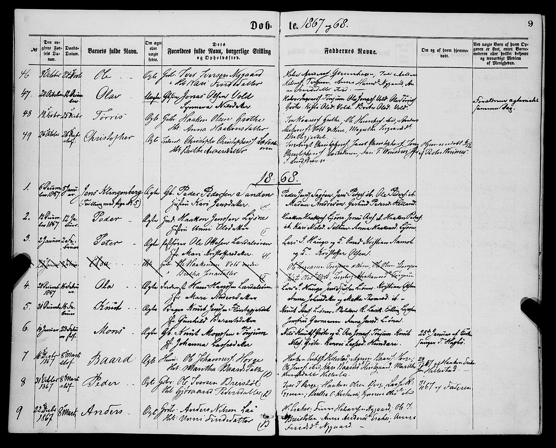 Lærdal sokneprestembete, AV/SAB-A-81201: Parish register (official) no. A 12, 1867-1877, p. 9