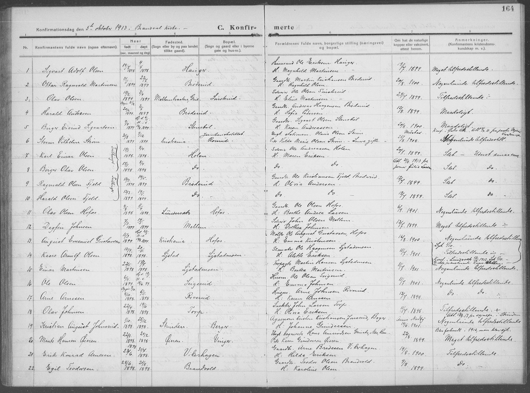 Brandval prestekontor, SAH/PREST-034/H/Ha/Haa/L0004: Parish register (official) no. 4, 1910-1924, p. 164