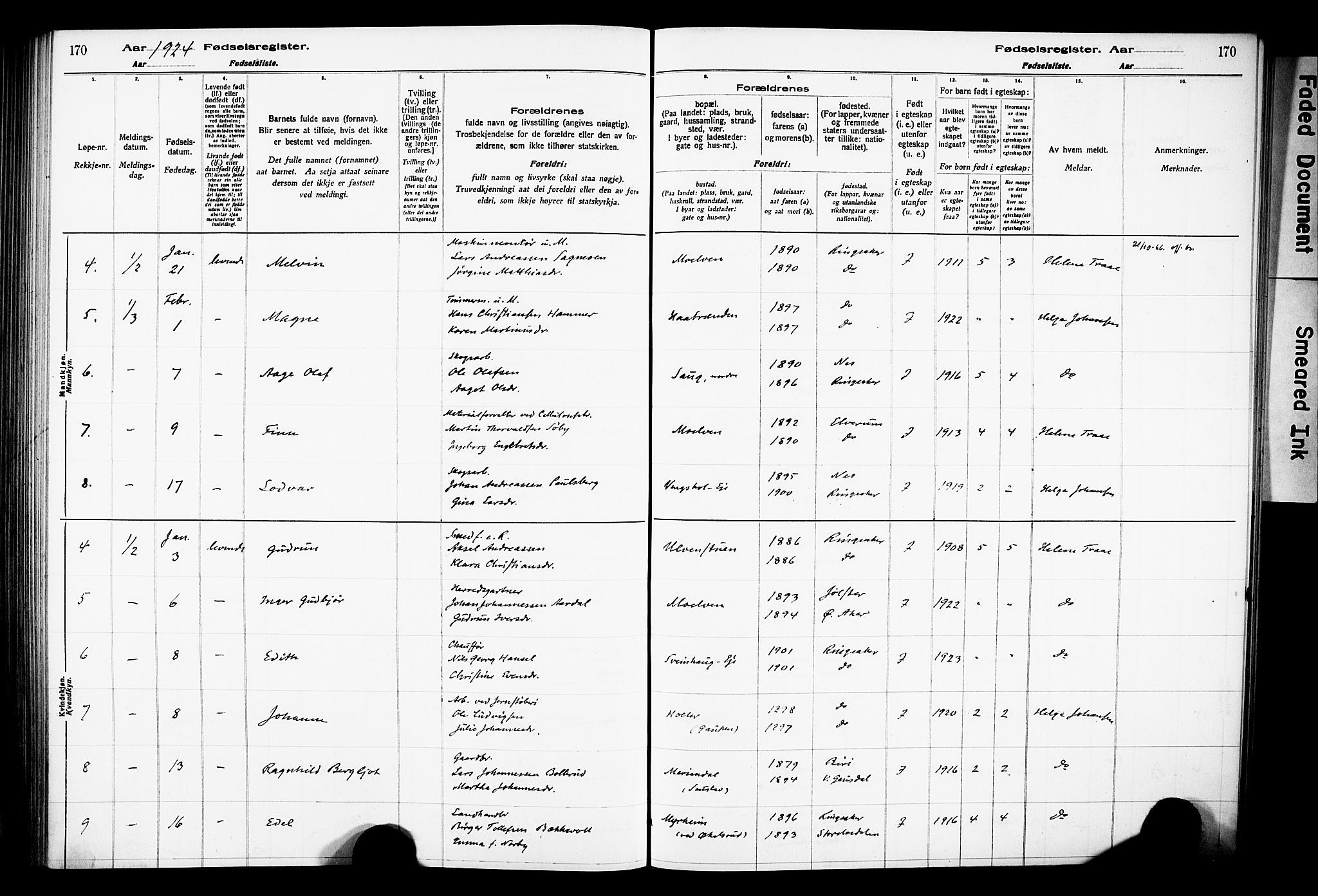 Ringsaker prestekontor, AV/SAH-PREST-014/O/Oa/L0001: Birth register no. 1, 1916-1925, p. 170