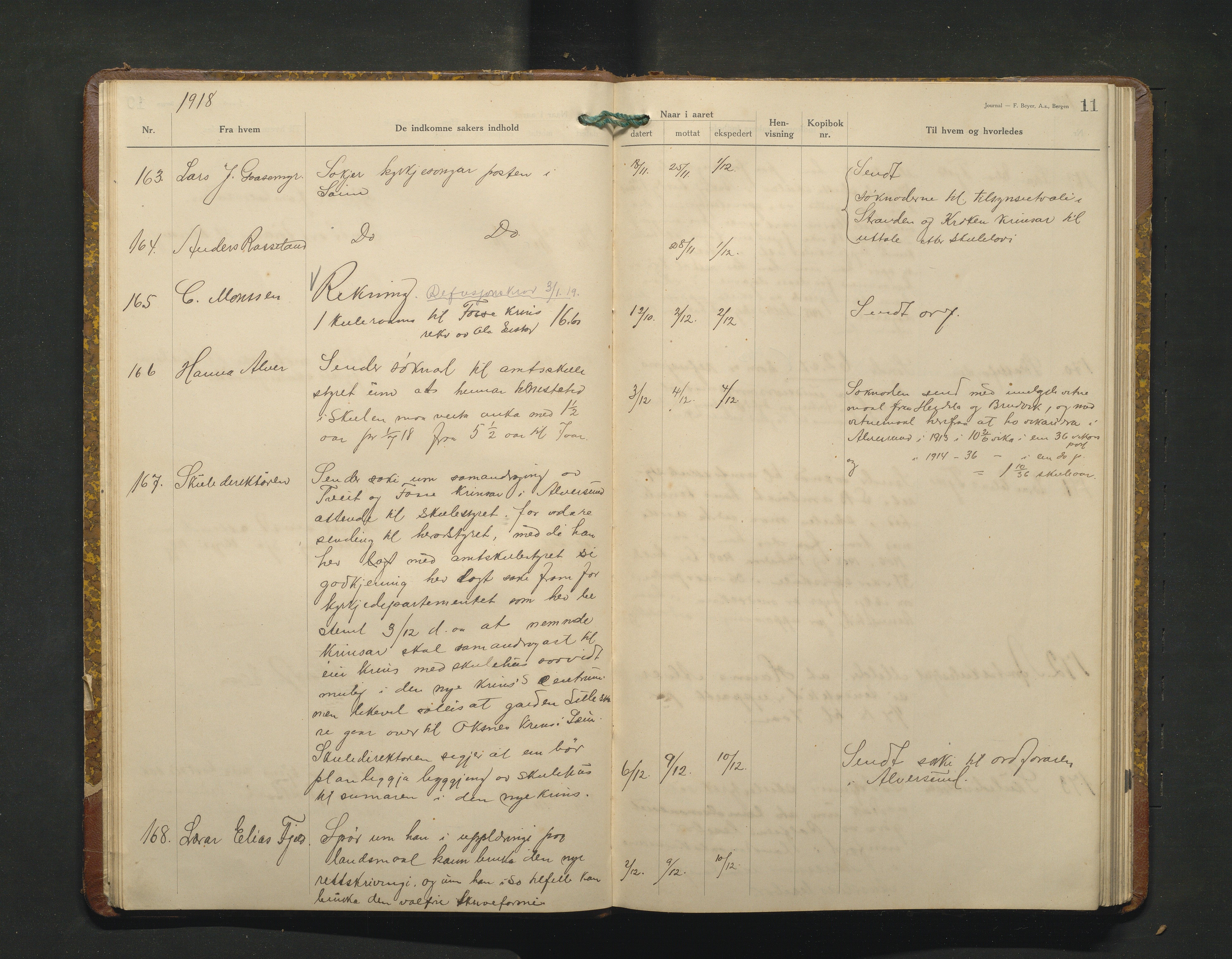 Alversund kommune. Skulestyret, IKAH/1257-211/C/Ca/L0005: Brevjournal for Alversund skulestyre, 1918-1920