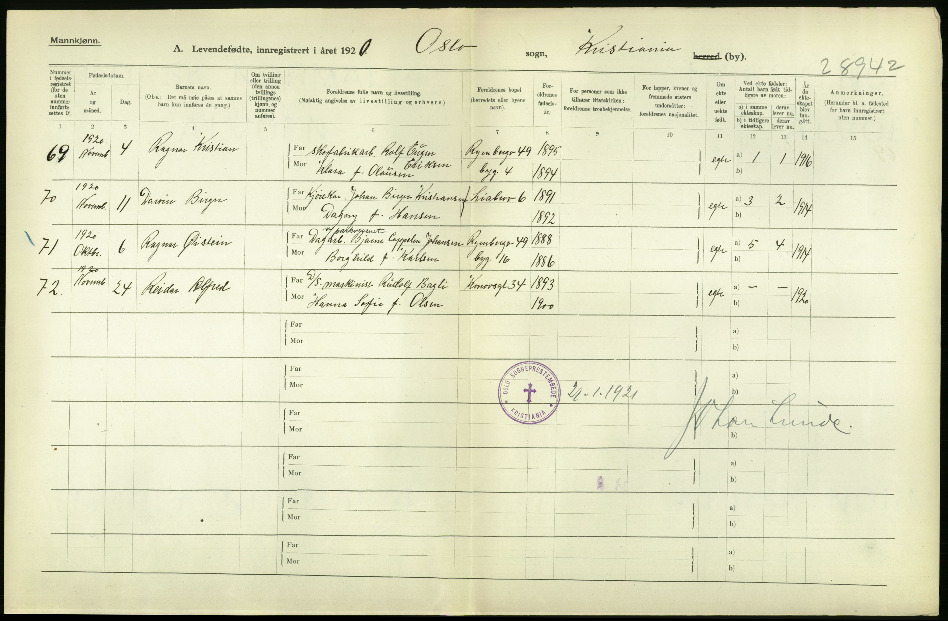 Statistisk sentralbyrå, Sosiodemografiske emner, Befolkning, RA/S-2228/D/Df/Dfb/Dfbj/L0008: Kristiania: Levendefødte menn og kvinner., 1920, p. 24