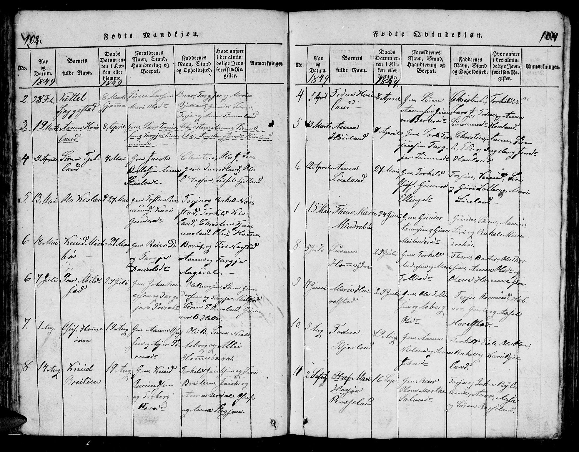 Bjelland sokneprestkontor, AV/SAK-1111-0005/F/Fb/Fba/L0003: Parish register (copy) no. B 3, 1816-1870, p. 108-109