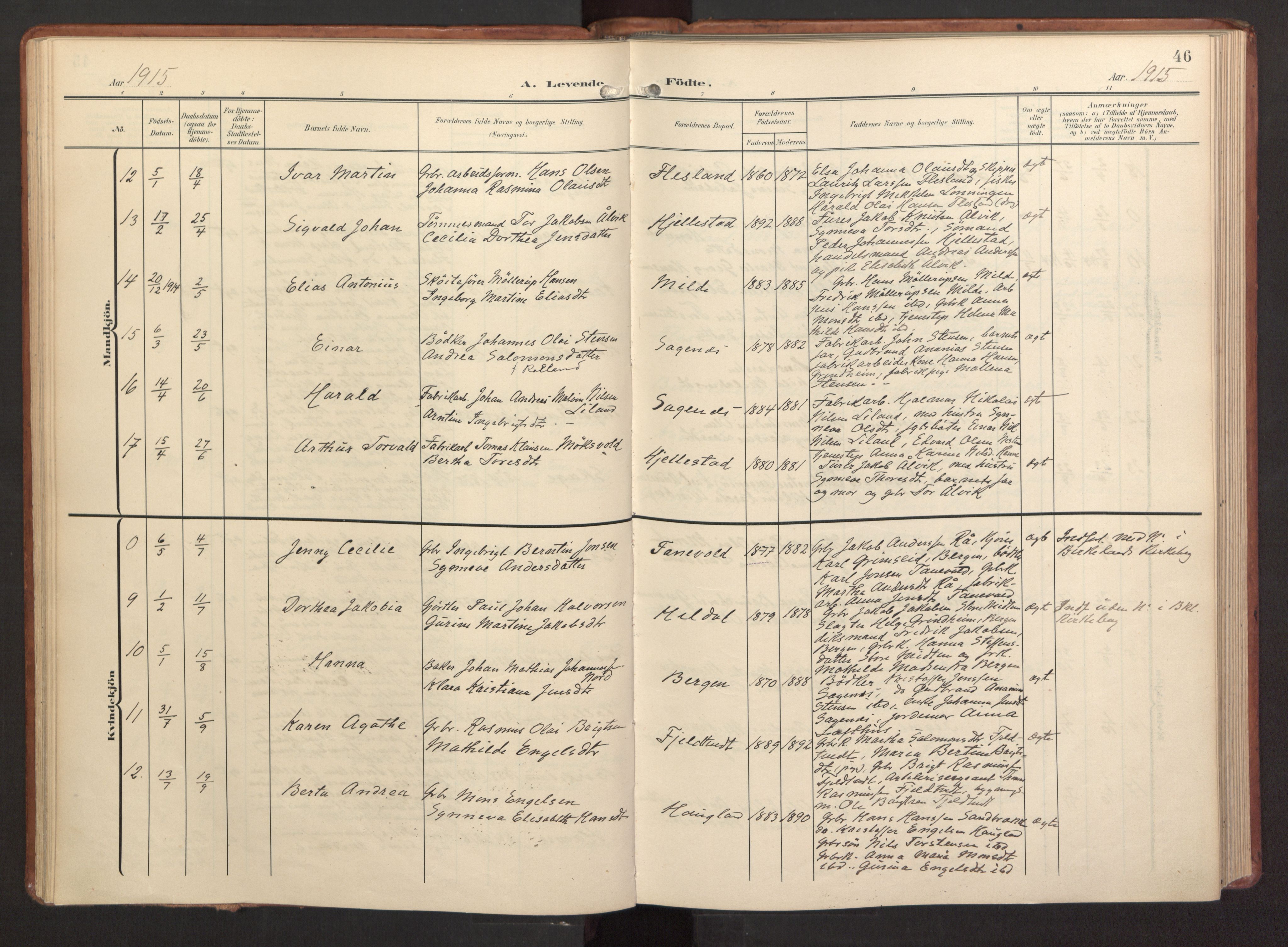 Fana Sokneprestembete, AV/SAB-A-75101/H/Haa/Haab/L0004: Parish register (official) no. B 4, 1908-1915, p. 46