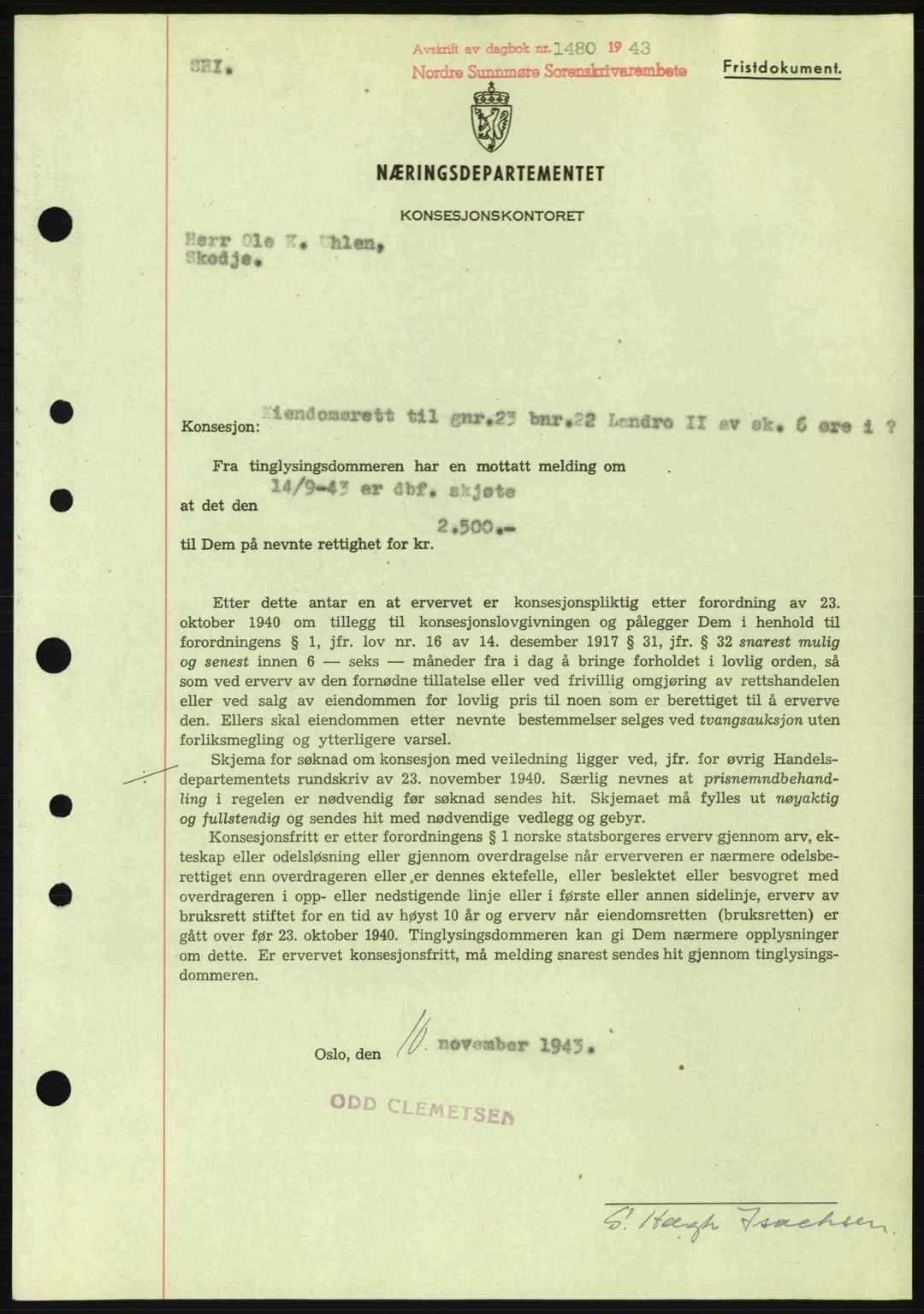 Nordre Sunnmøre sorenskriveri, SAT/A-0006/1/2/2C/2Ca: Mortgage book no. B6-14 a, 1942-1945, Diary no: : 1480/1943