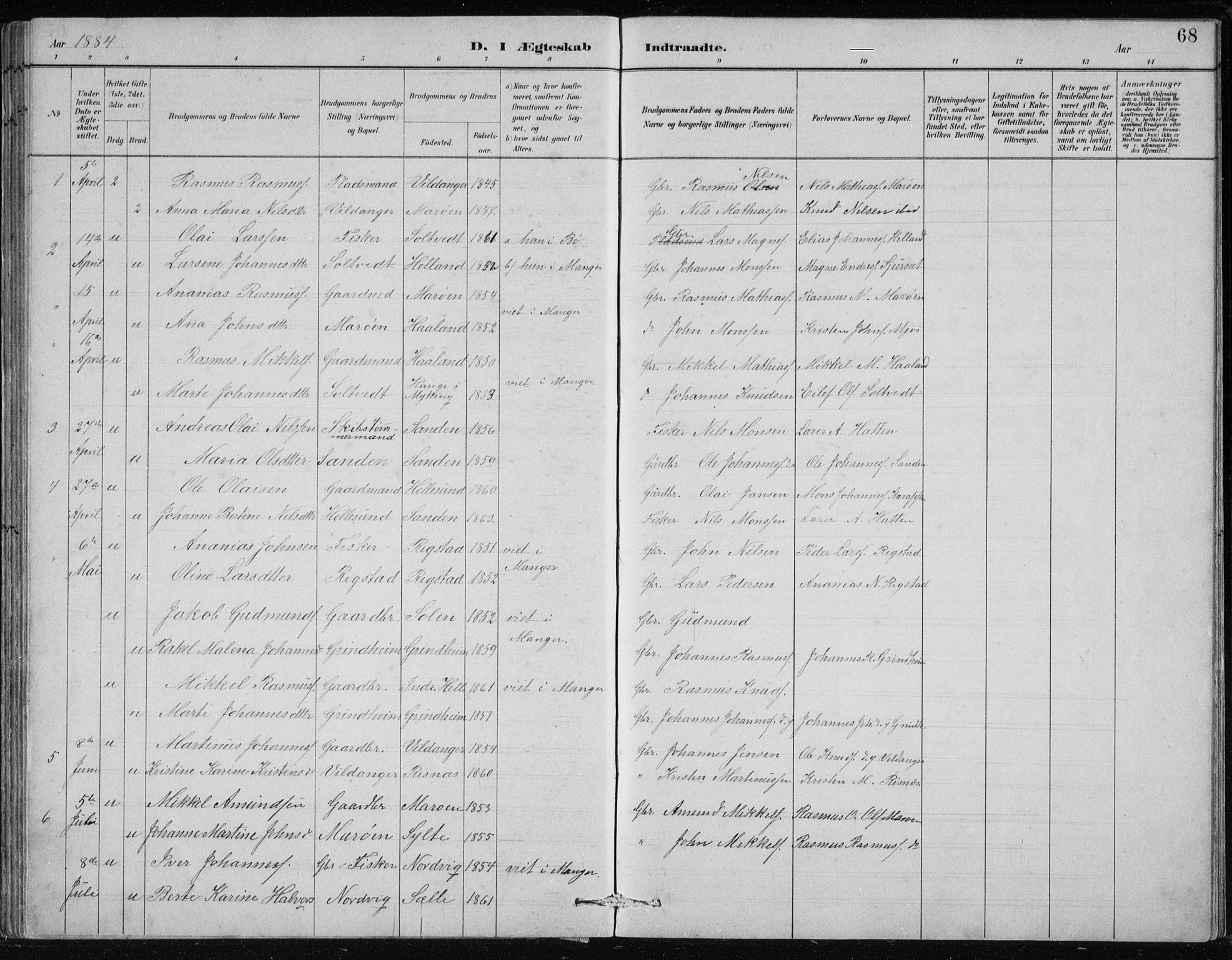 Manger sokneprestembete, SAB/A-76801/H/Hab: Parish register (copy) no. B 2, 1882-1890, p. 68