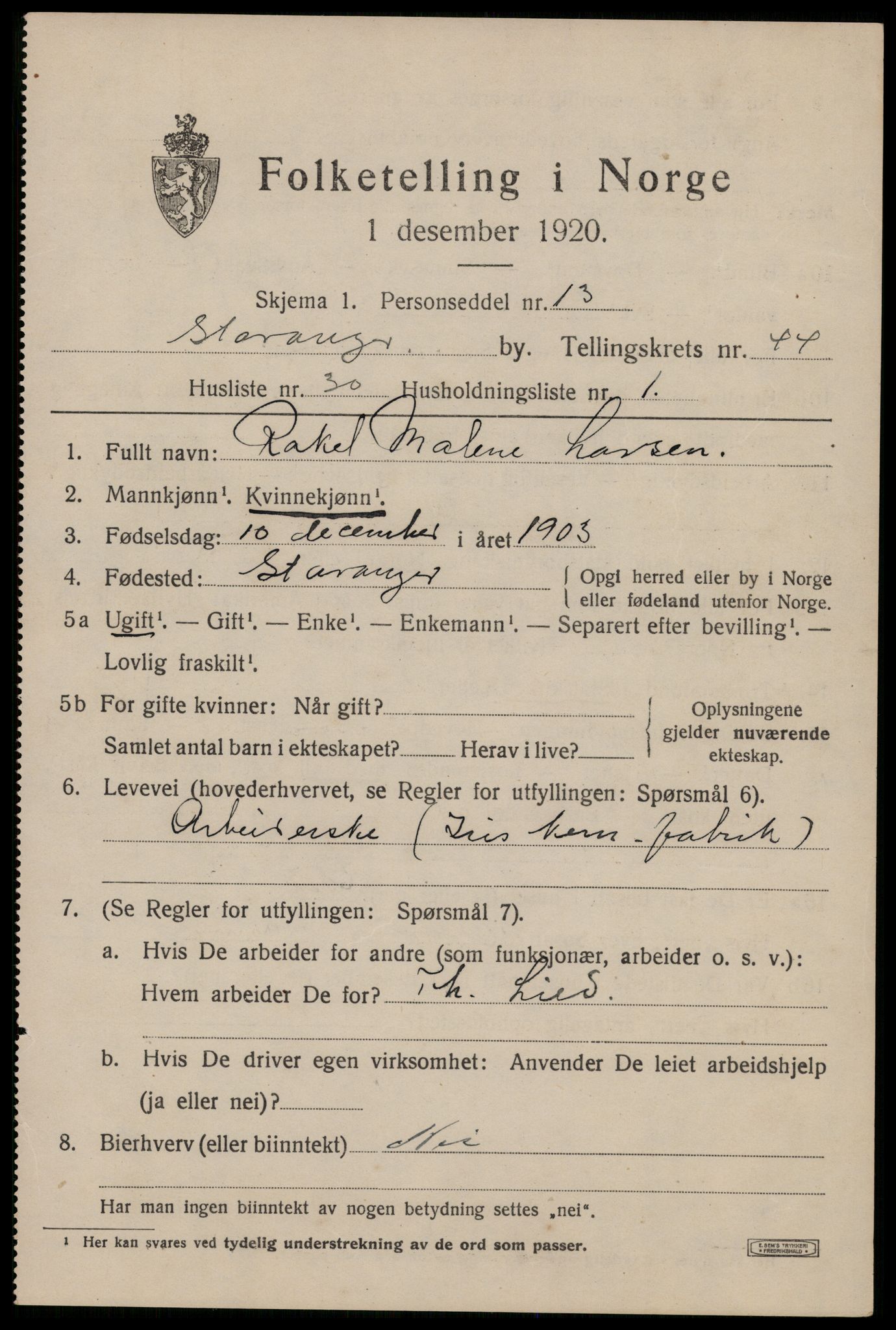 SAST, 1920 census for Stavanger, 1920, p. 108880