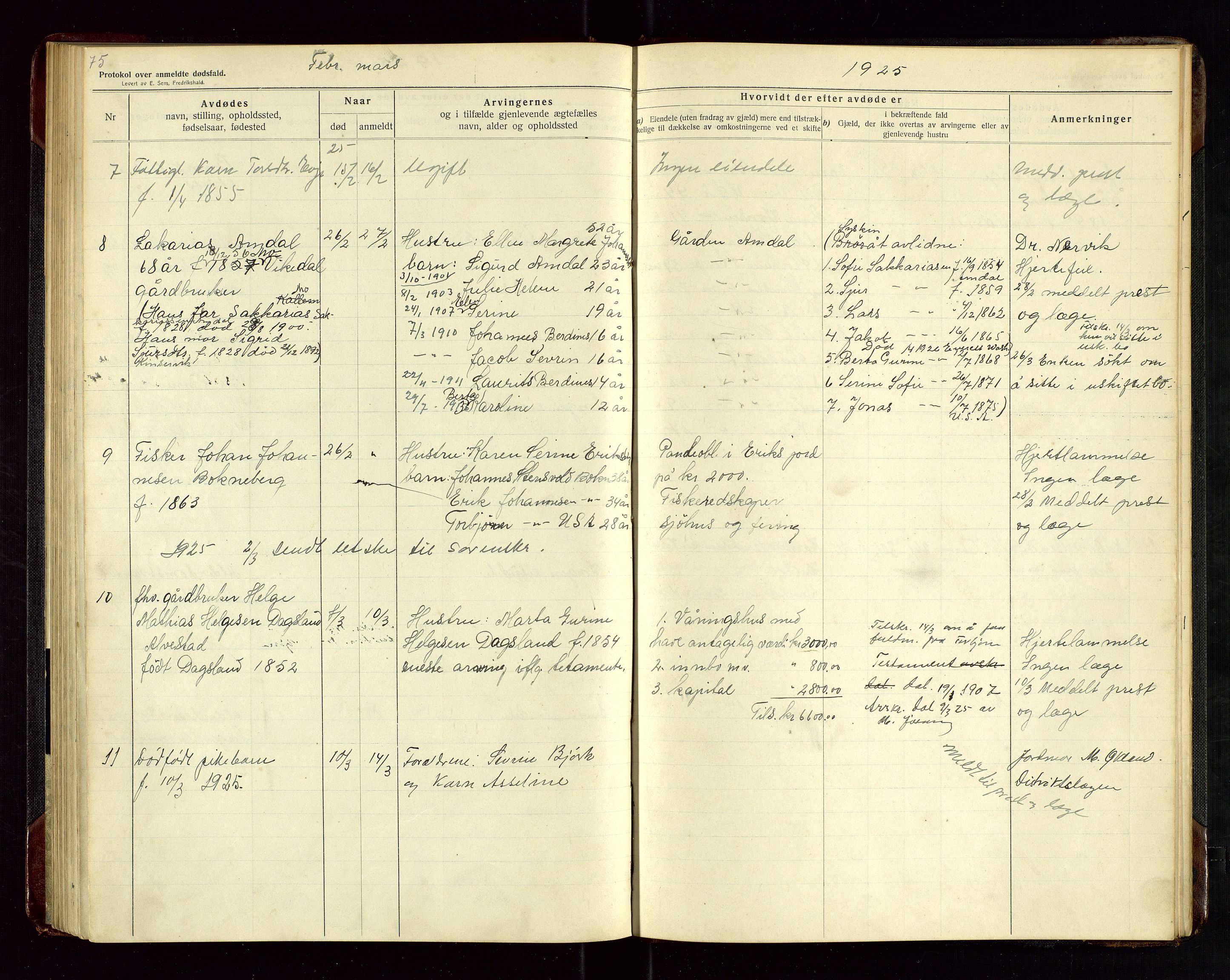 Tysvær lensmannskontor, AV/SAST-A-100192/Gga/L0003: "Protokol over anmeldte dødsfald i Tysvær" med register, 1916-1926, p. 75