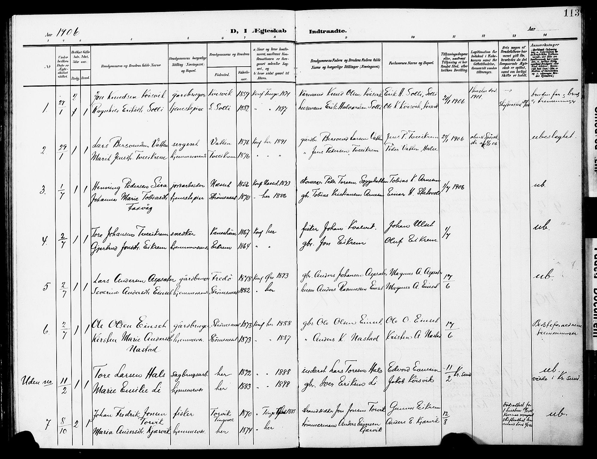 Ministerialprotokoller, klokkerbøker og fødselsregistre - Møre og Romsdal, AV/SAT-A-1454/587/L1001: Parish register (copy) no. 587C01, 1906-1927, p. 113