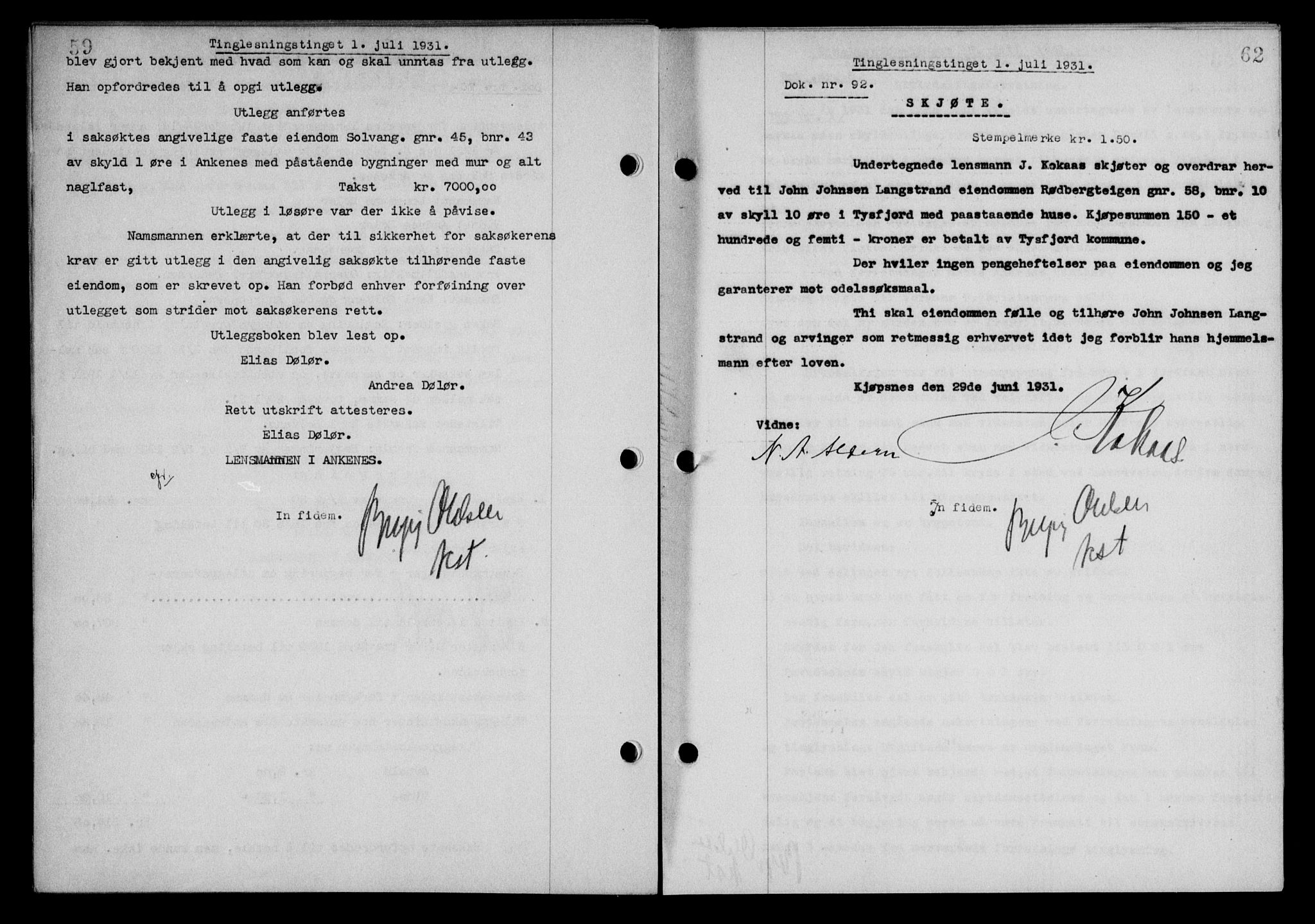 Steigen og Ofoten sorenskriveri, SAT/A-0030/1/2/2C/L0019: Mortgage book no. 22, 1931-1931, Deed date: 01.07.1931