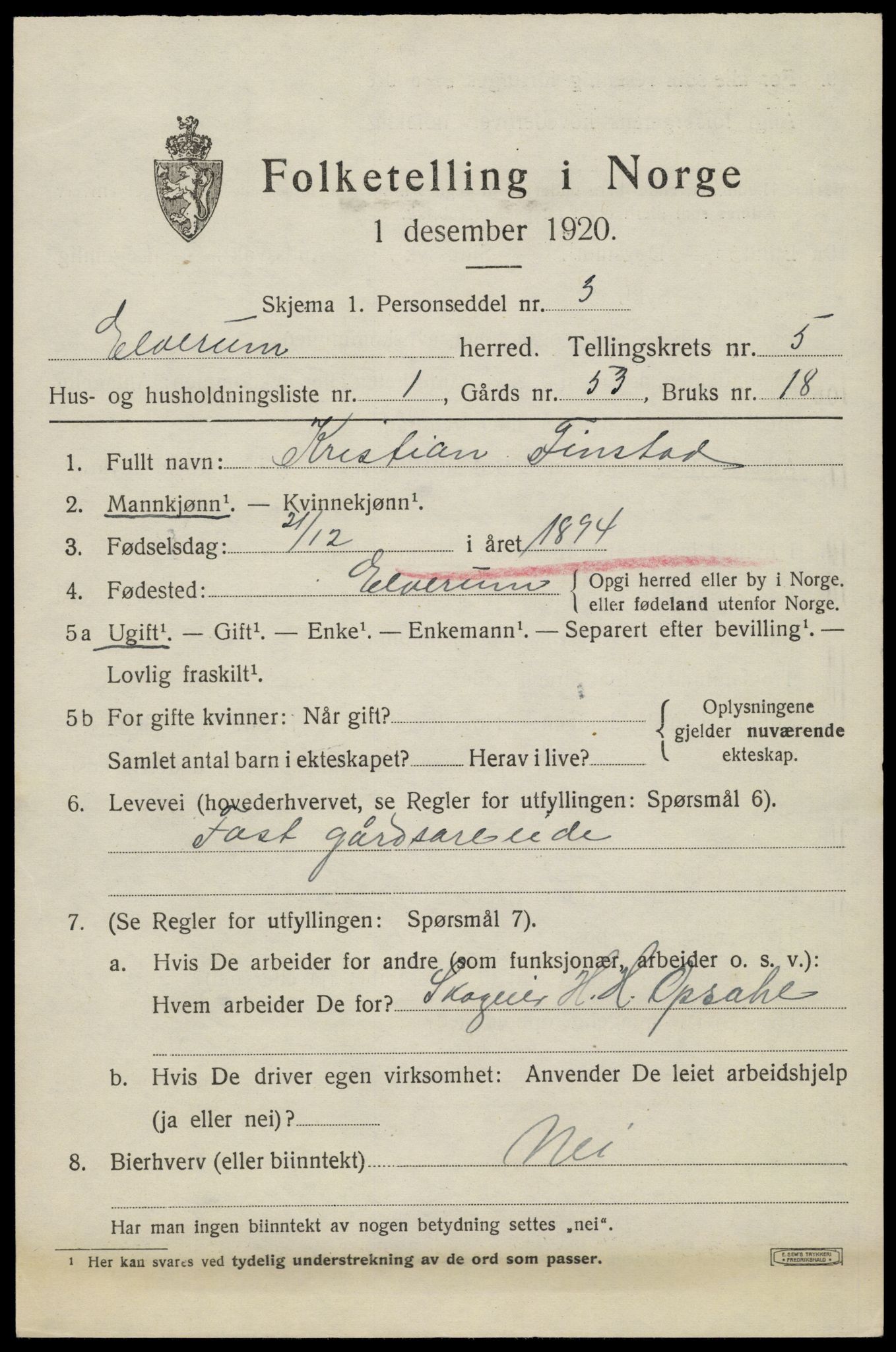 SAH, 1920 census for Elverum, 1920, p. 7490