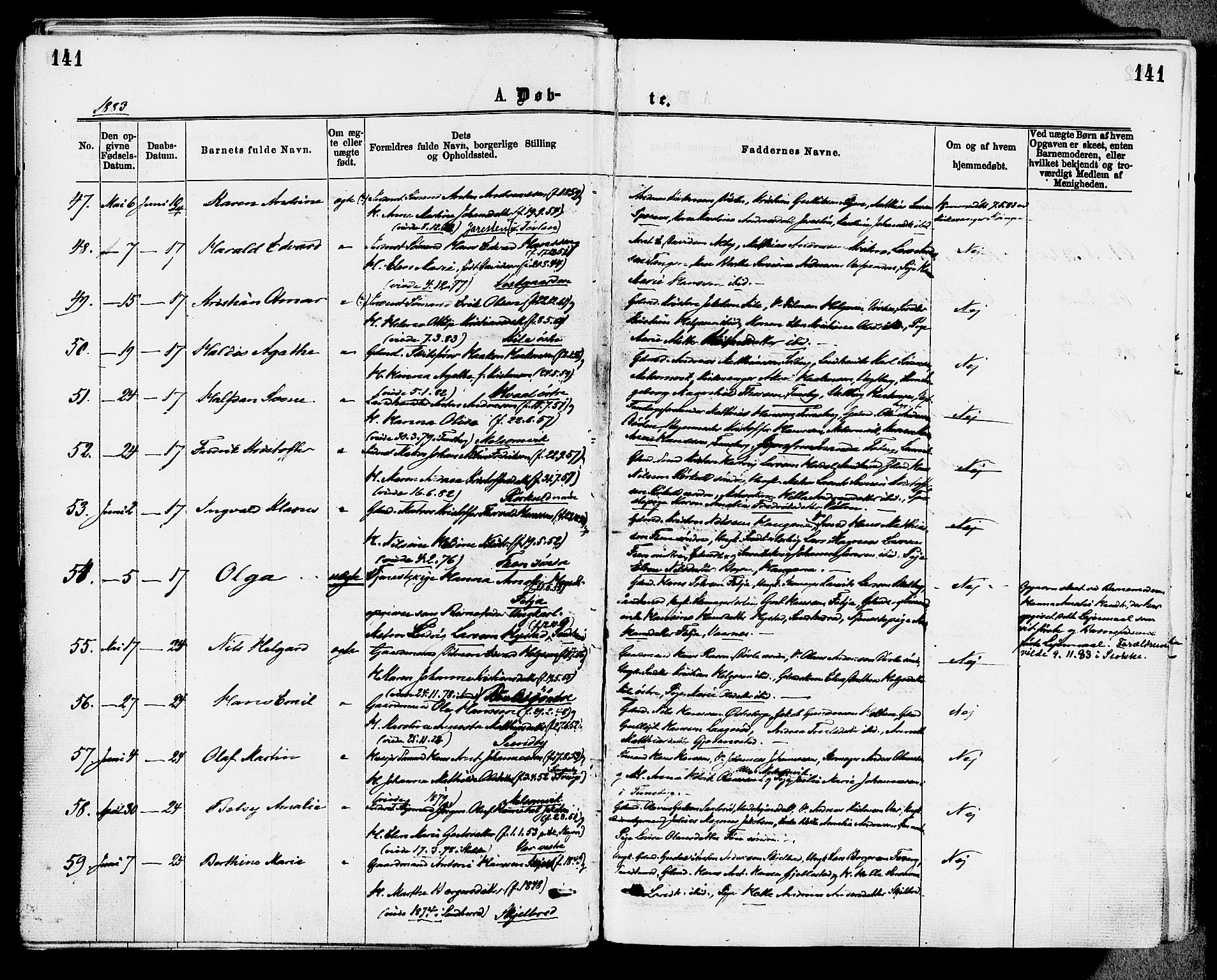 Stokke kirkebøker, SAKO/A-320/F/Fa/L0009: Parish register (official) no. I 9, 1872-1883, p. 141