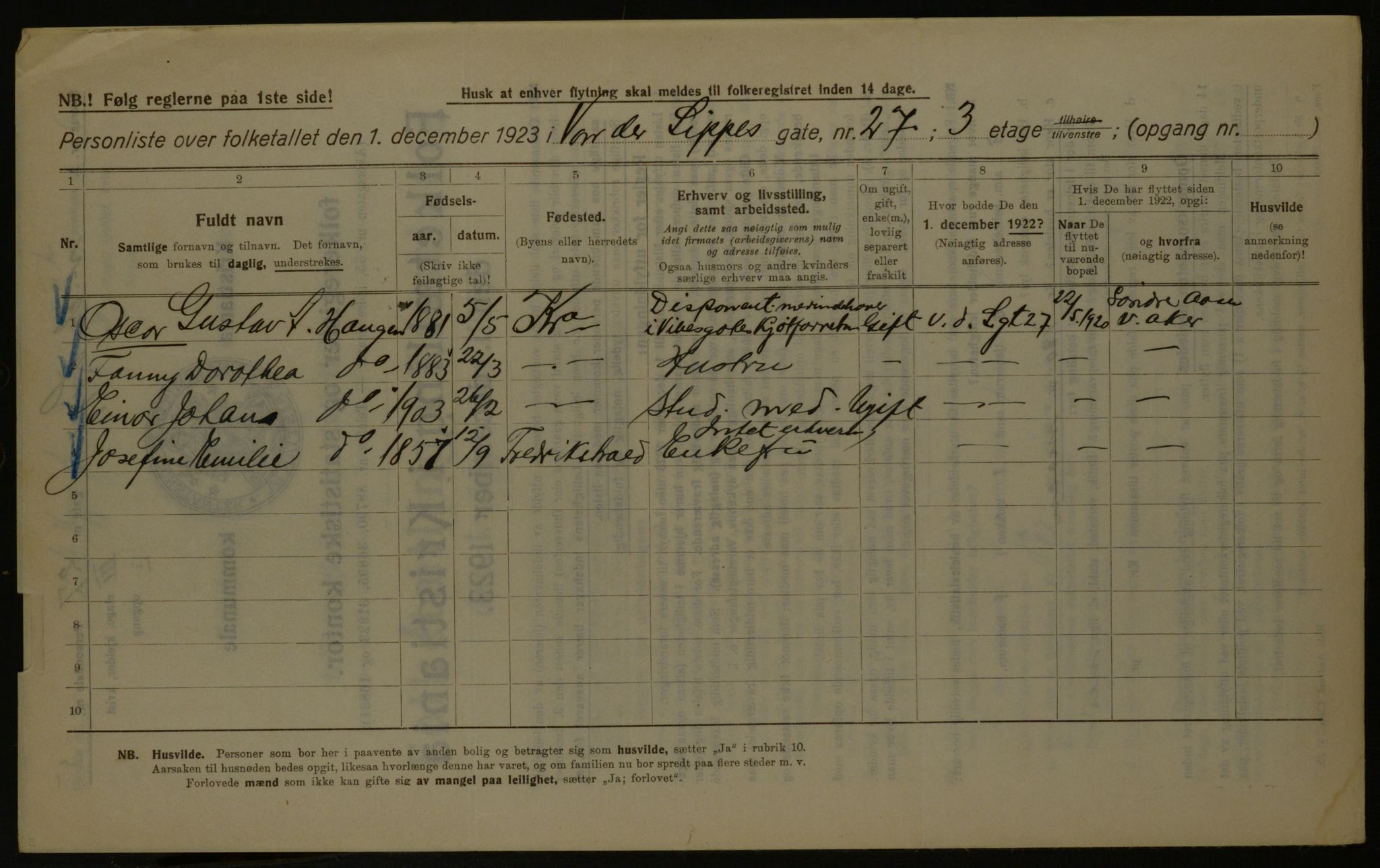 OBA, Municipal Census 1923 for Kristiania, 1923, p. 138501