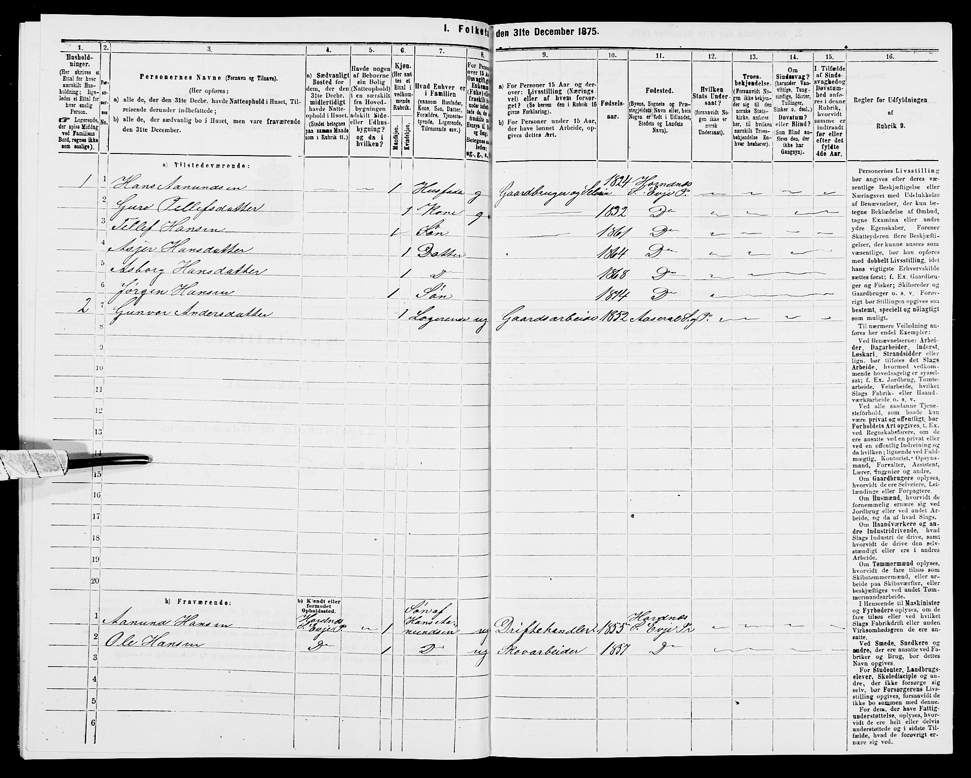 SAK, 1875 census for 1013P Tveit, 1875, p. 326