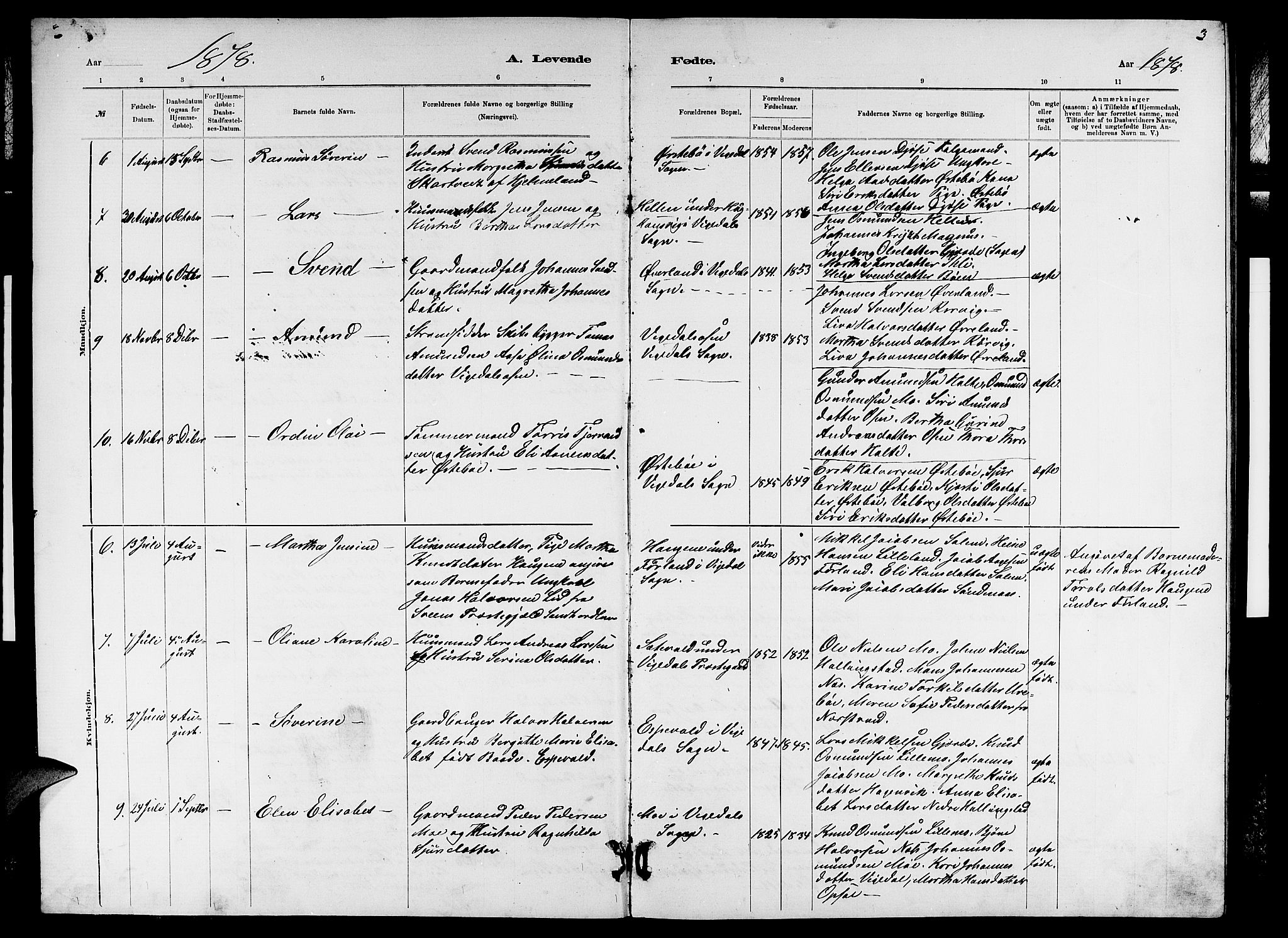 Vikedal sokneprestkontor, SAST/A-101840/01/V: Parish register (copy) no. B 5, 1878-1888, p. 3