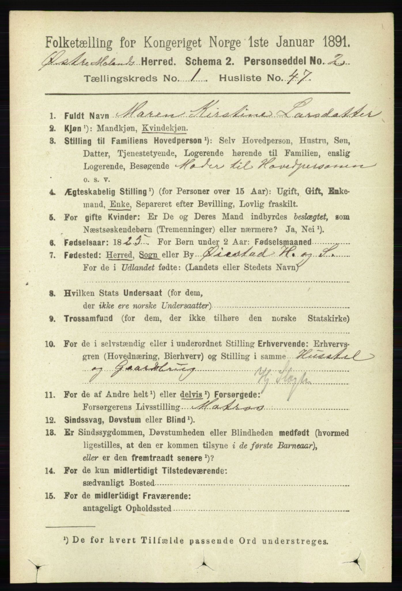 RA, 1891 census for 0918 Austre Moland, 1891, p. 401
