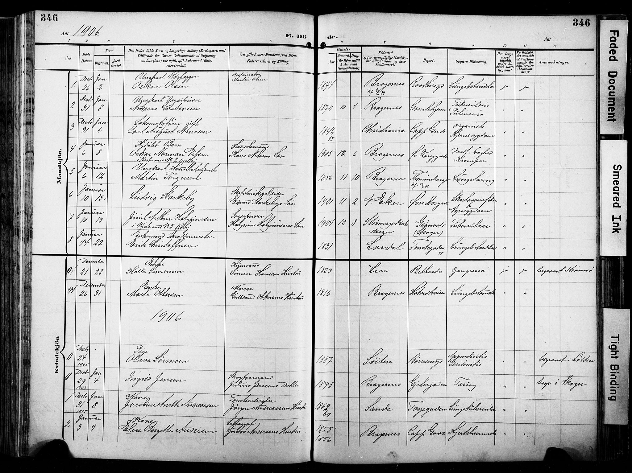 Bragernes kirkebøker, SAKO/A-6/F/Fb/L0009: Parish register (official) no. II 9, 1902-1911, p. 346