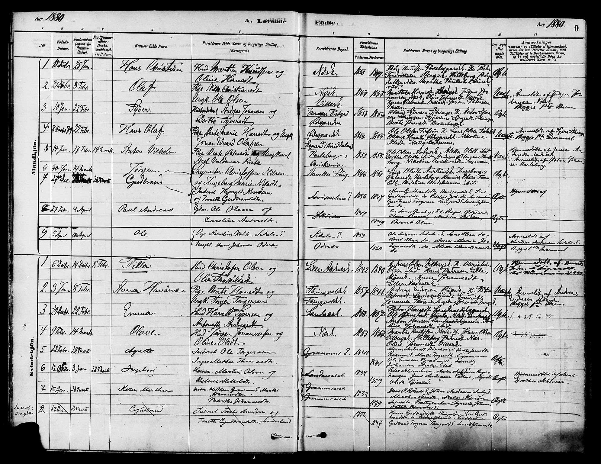 Søndre Land prestekontor, AV/SAH-PREST-122/K/L0002: Parish register (official) no. 2, 1878-1894, p. 9