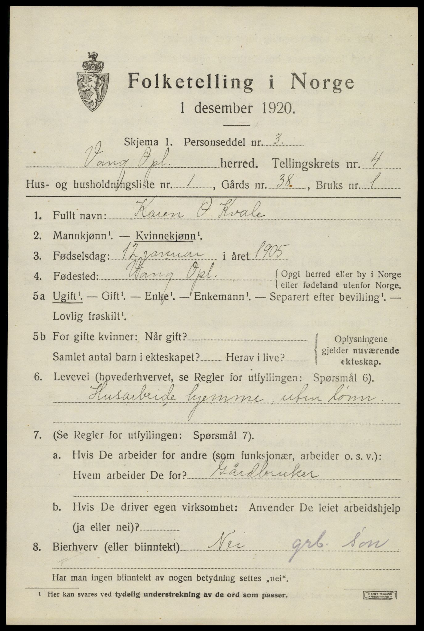 SAH, 1920 census for Vang (Oppland), 1920, p. 1881