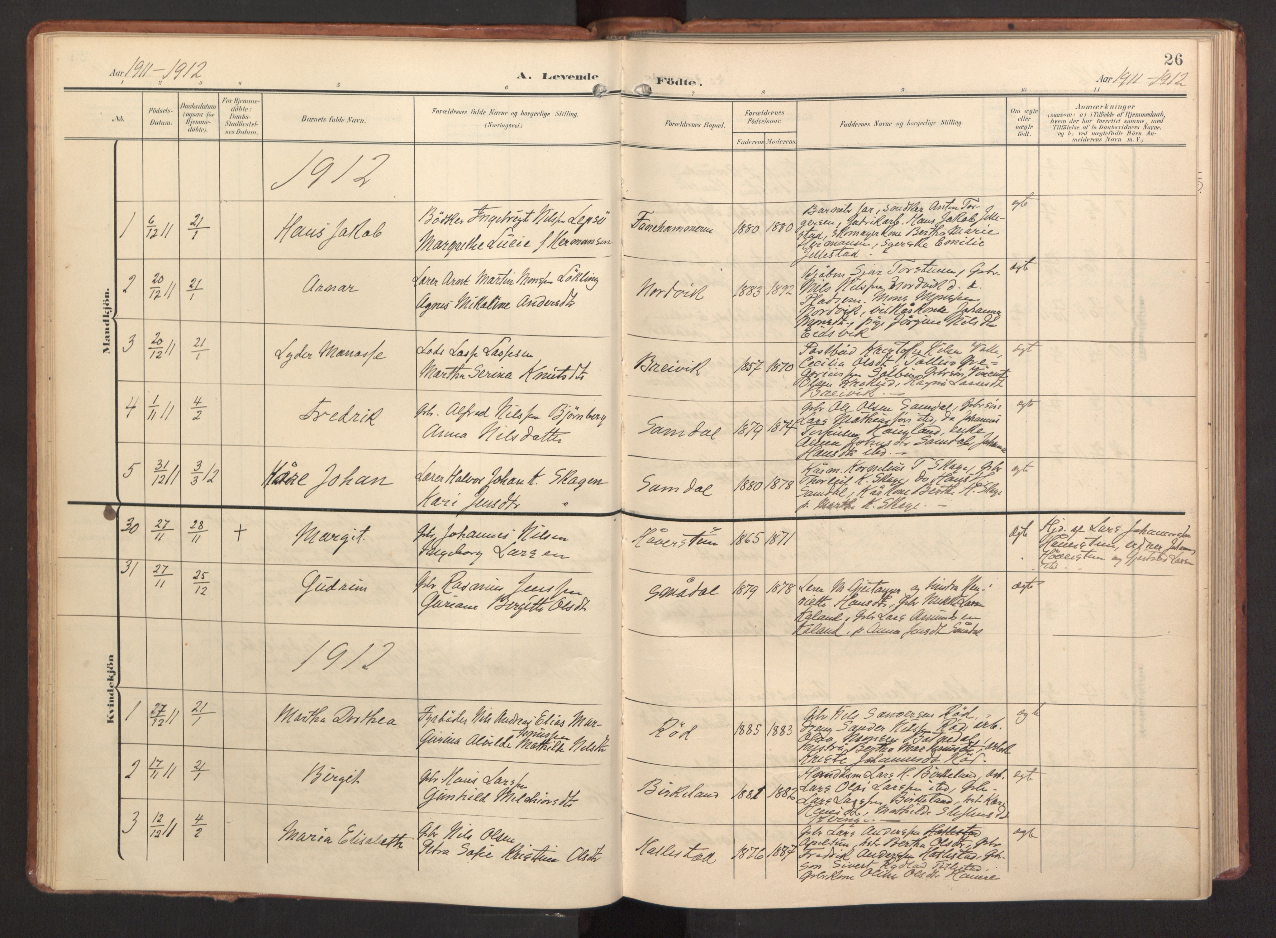 Fana Sokneprestembete, AV/SAB-A-75101/H/Haa/Haab/L0004: Parish register (official) no. B 4, 1908-1915, p. 26