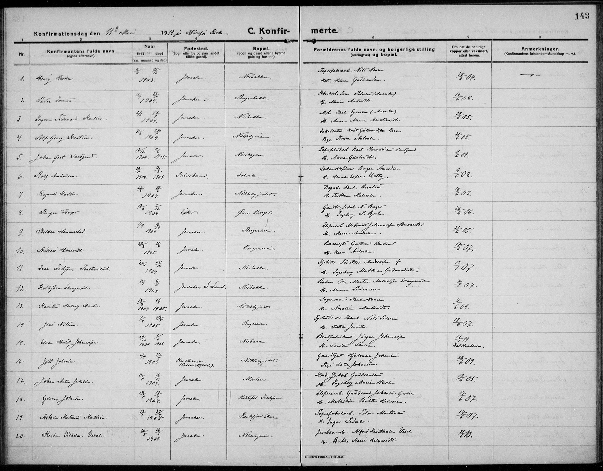 Jevnaker prestekontor, SAH/PREST-116/H/Ha/Haa/L0012: Parish register (official) no. 12, 1914-1924, p. 143