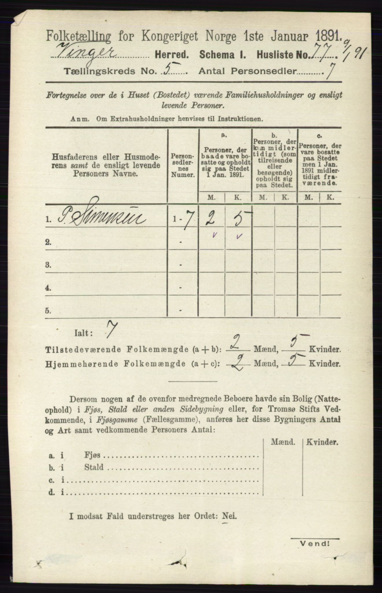 RA, 1891 census for 0421 Vinger, 1891, p. 2044