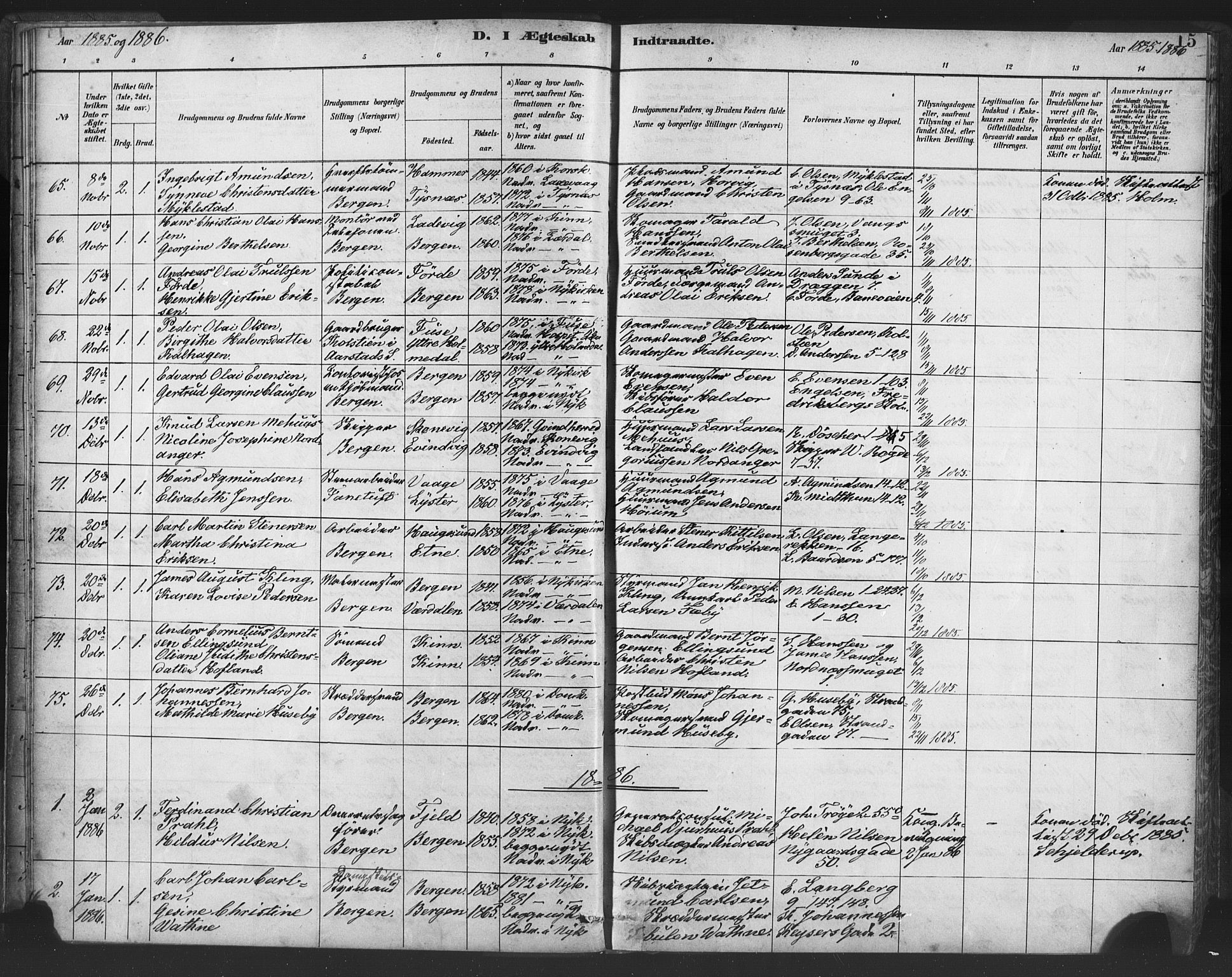 Nykirken Sokneprestembete, SAB/A-77101/H/Haa/L0033: Parish register (official) no. D 3, 1884-1895, p. 15