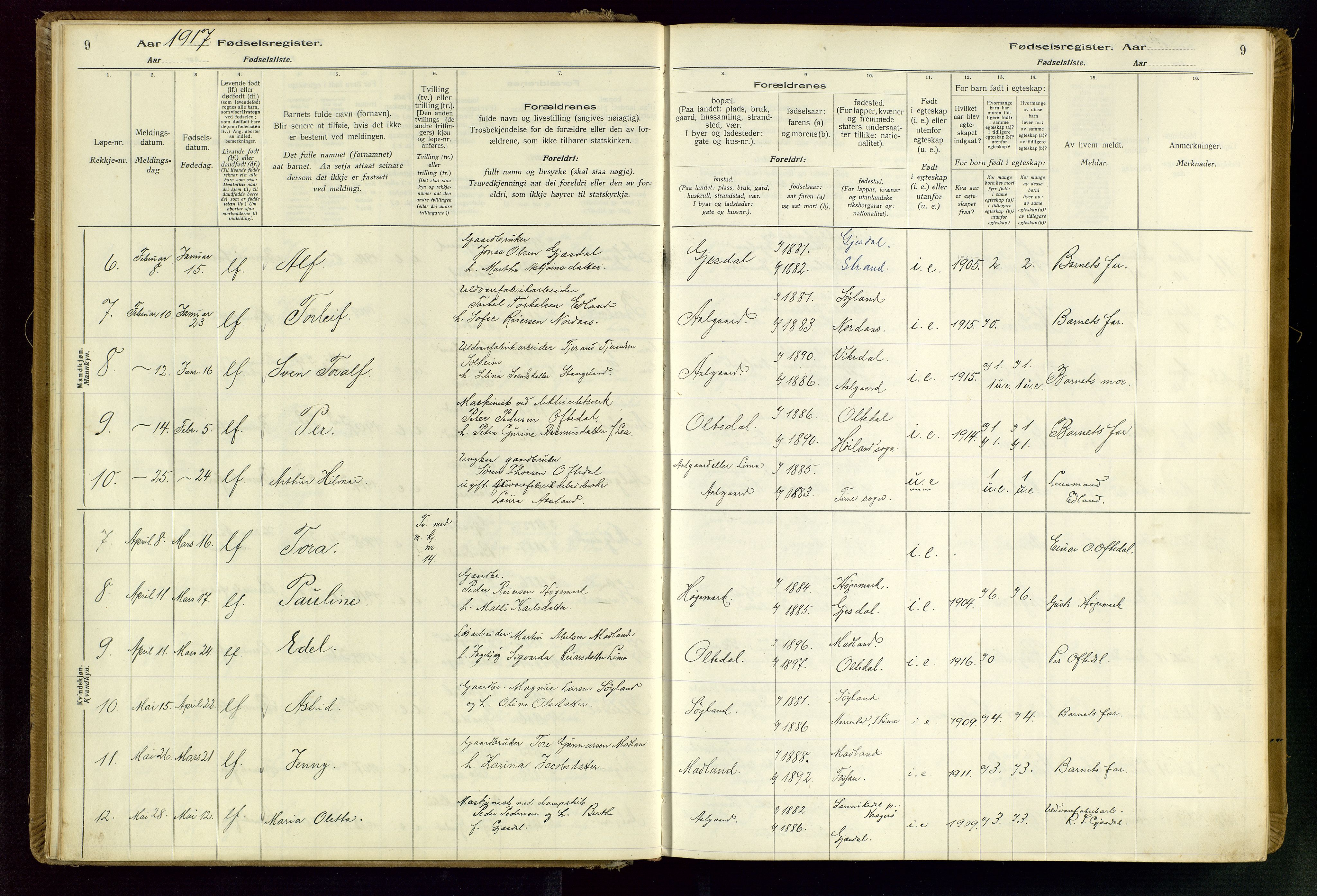 Gjesdal sokneprestkontor, SAST/A-101796/002/O/L0001: Birth register no. 1, 1916-1949, p. 9