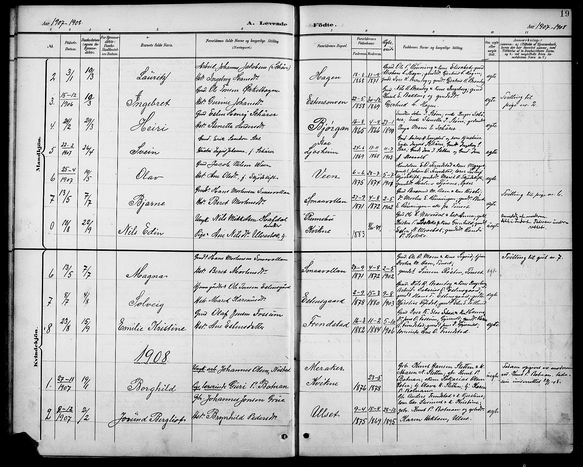 Kvikne prestekontor, SAH/PREST-064/H/Ha/Hab/L0003: Parish register (copy) no. 3, 1896-1918, p. 19