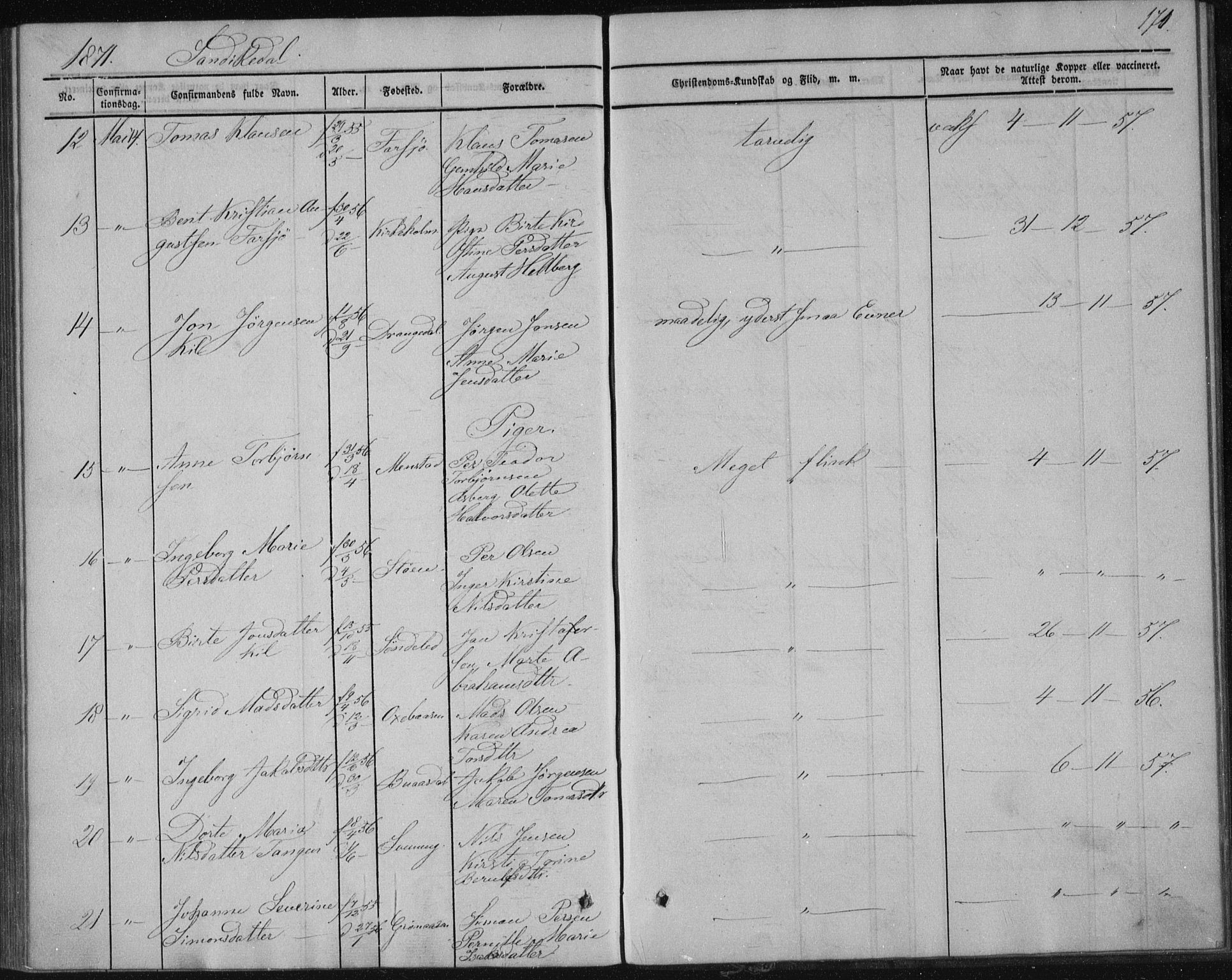 Sannidal kirkebøker, AV/SAKO-A-296/F/Fa/L0009: Parish register (official) no. 9, 1855-1873, p. 171