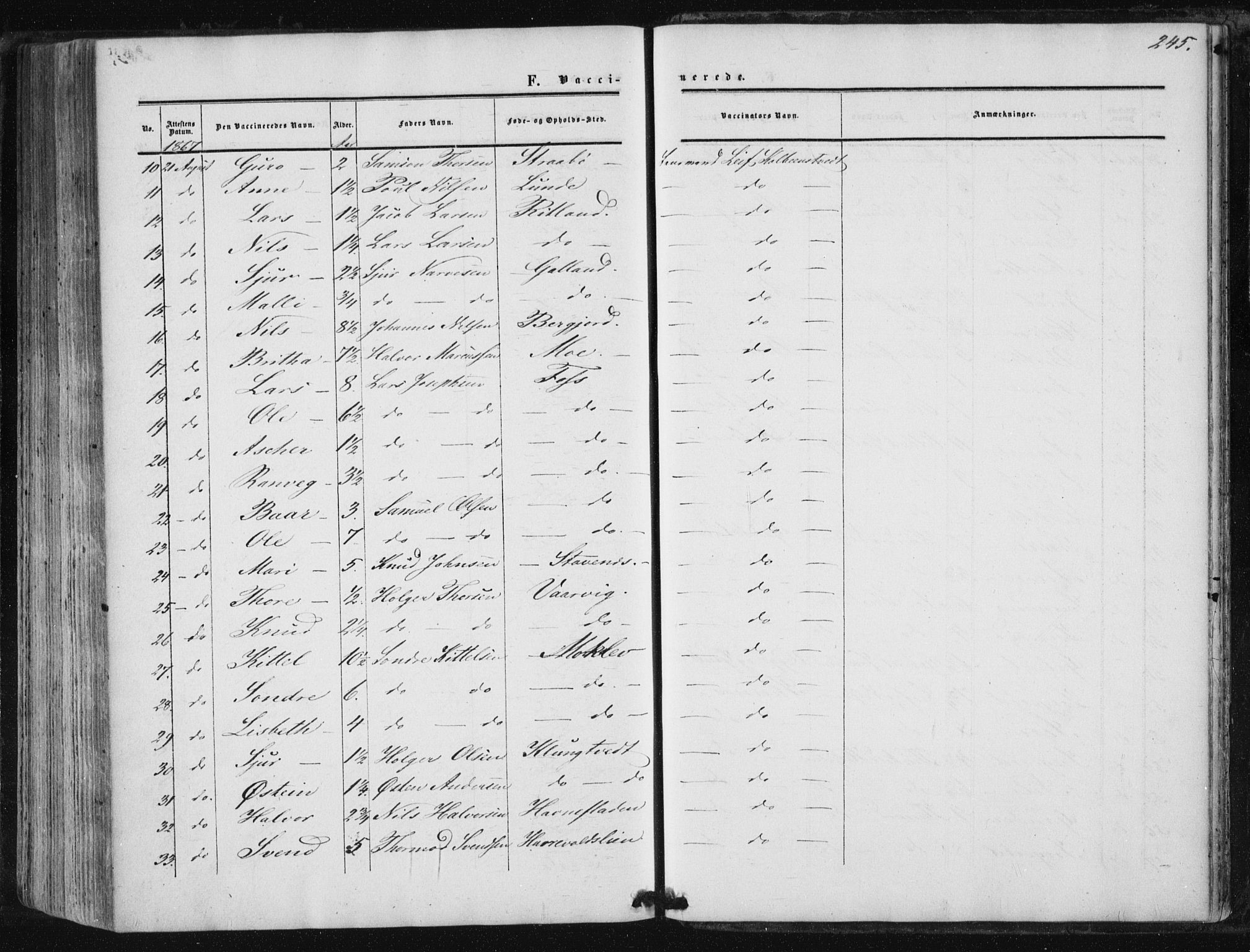 Suldal sokneprestkontor, AV/SAST-A-101845/01/IV/L0009: Parish register (official) no. A 9, 1854-1868, p. 245