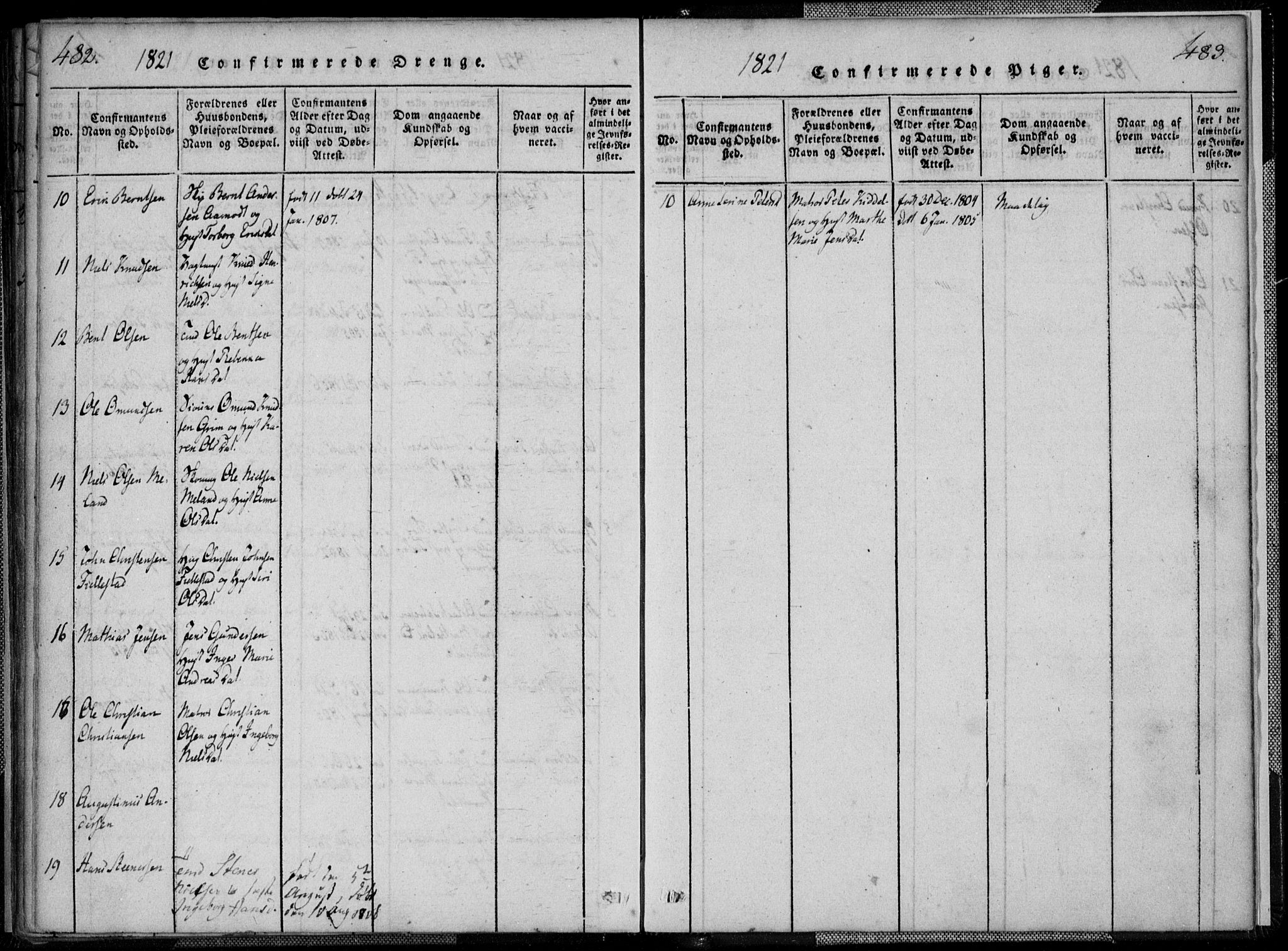 Kristiansand domprosti, AV/SAK-1112-0006/F/Fa/L0008: Parish register (official) no. A 8, 1818-1821, p. 482-483