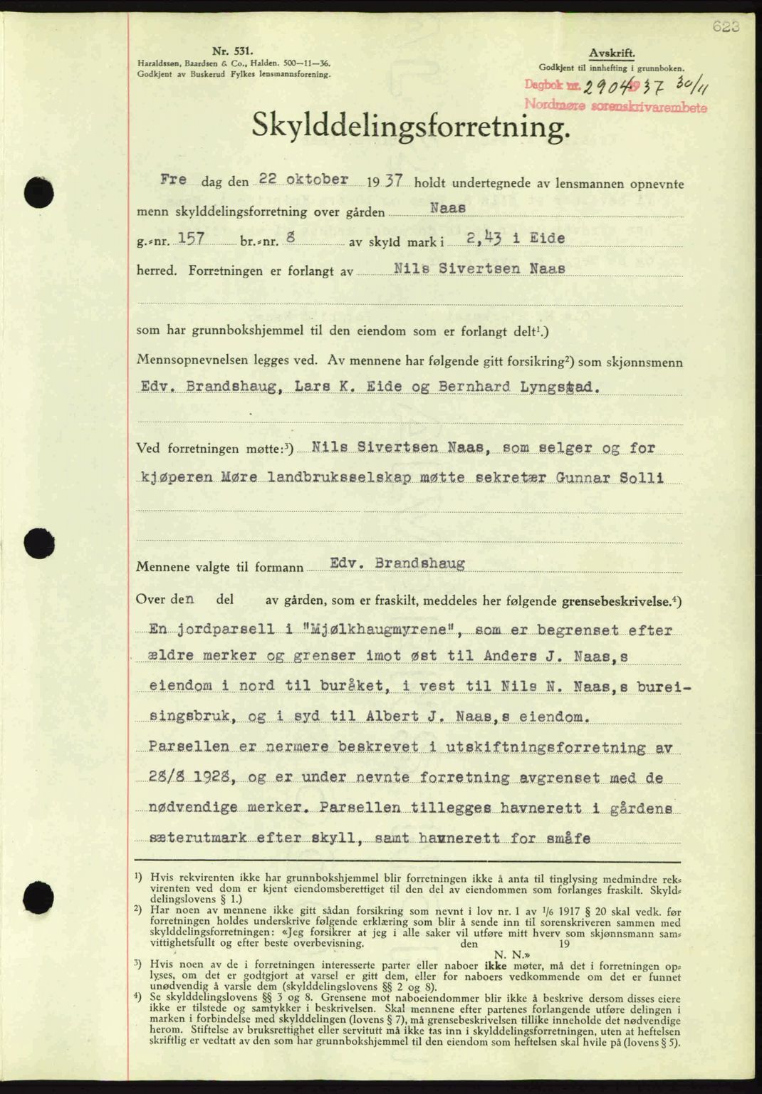 Nordmøre sorenskriveri, SAT/A-4132/1/2/2Ca: Mortgage book no. A82, 1937-1938, Diary no: : 2904/1937