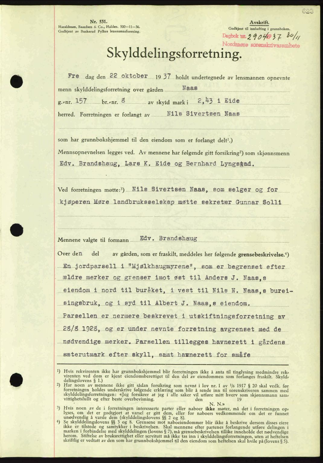 Nordmøre sorenskriveri, AV/SAT-A-4132/1/2/2Ca: Mortgage book no. A82, 1937-1938, Diary no: : 2904/1937