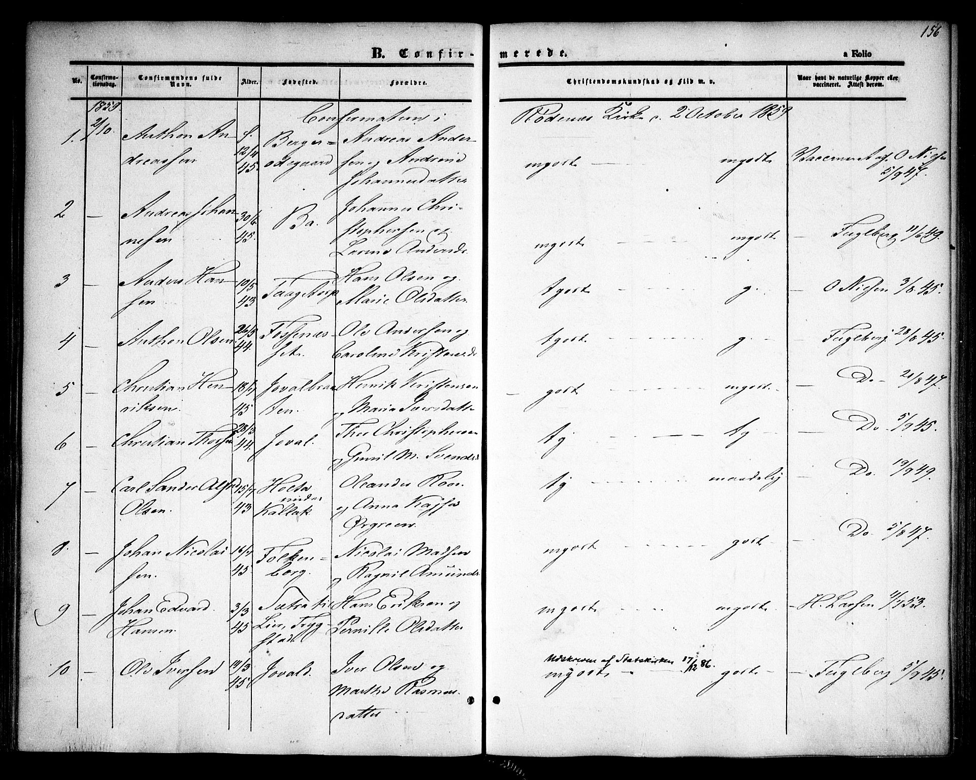 Rødenes prestekontor Kirkebøker, AV/SAO-A-2005/F/Fa/L0006: Parish register (official) no. I 6, 1850-1859, p. 156