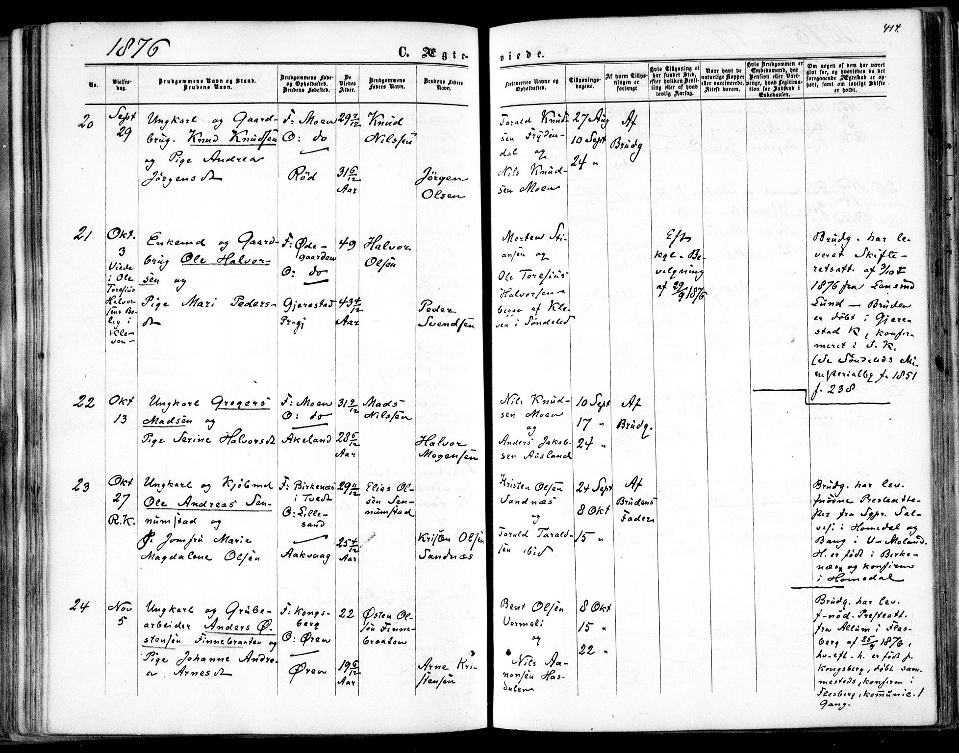 Søndeled sokneprestkontor, AV/SAK-1111-0038/F/Fa/L0003: Parish register (official) no. A 3, 1861-1879, p. 414