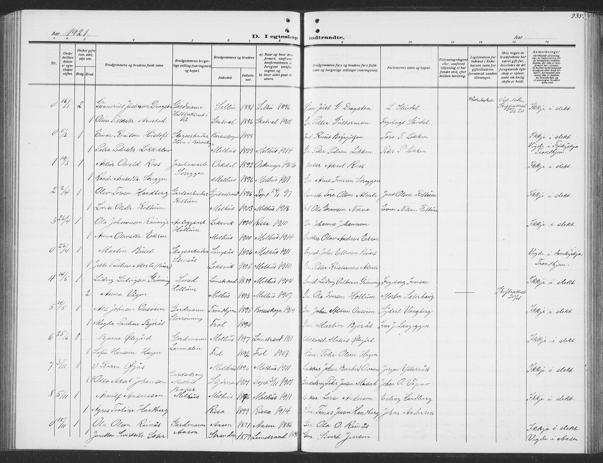 Ministerialprotokoller, klokkerbøker og fødselsregistre - Sør-Trøndelag, SAT/A-1456/691/L1095: Parish register (copy) no. 691C06, 1912-1933, p. 235