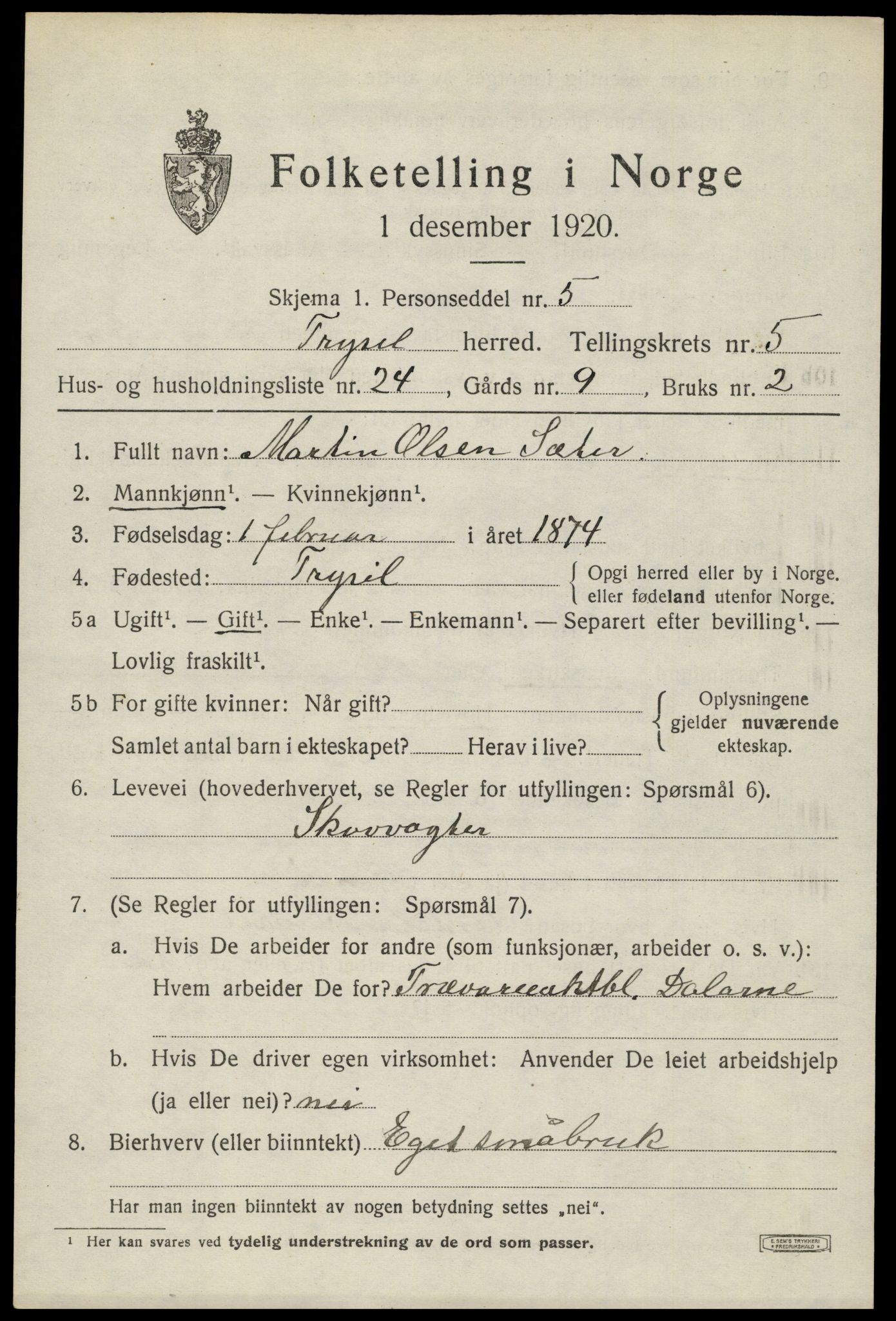 SAH, 1920 census for Trysil, 1920, p. 4525