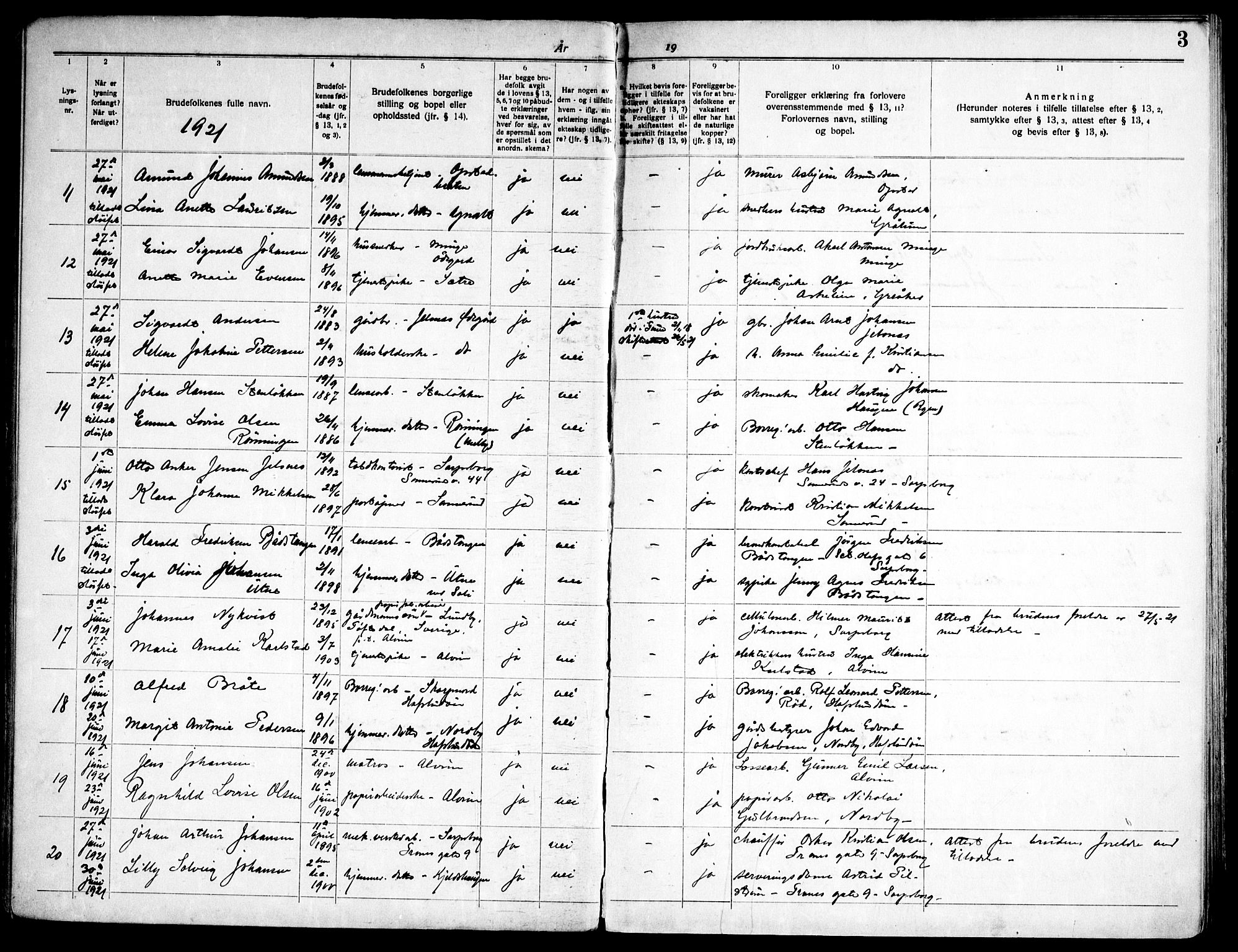 Tune prestekontor Kirkebøker, AV/SAO-A-2007/H/Ha/L0001: Banns register no. I 1, 1919-1946, p. 3