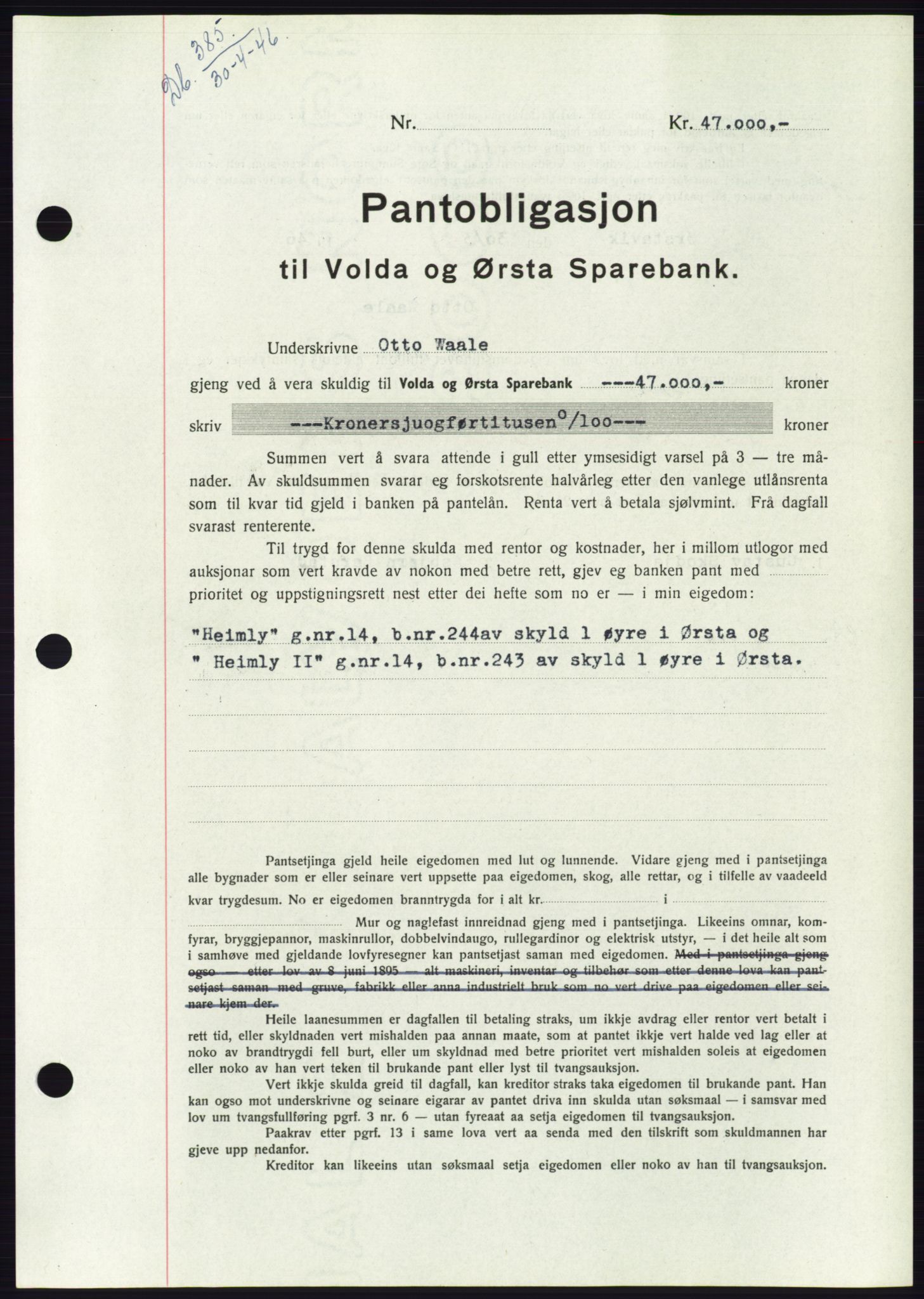 Søre Sunnmøre sorenskriveri, AV/SAT-A-4122/1/2/2C/L0114: Mortgage book no. 1-2B, 1943-1947, Diary no: : 385/1946