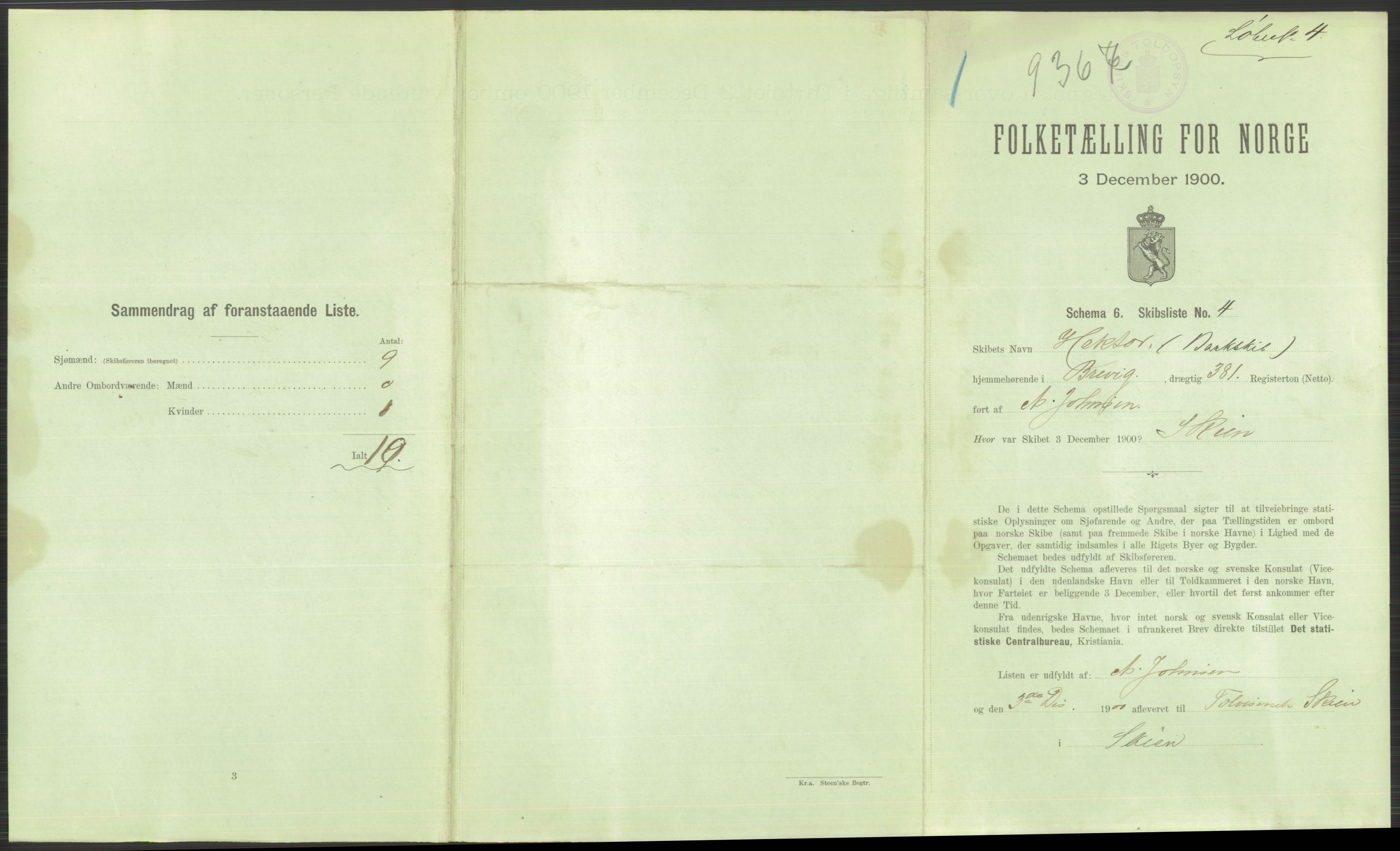 RA, 1900 Census - ship lists from ships in Norwegian harbours, harbours abroad and at sea, 1900, p. 605