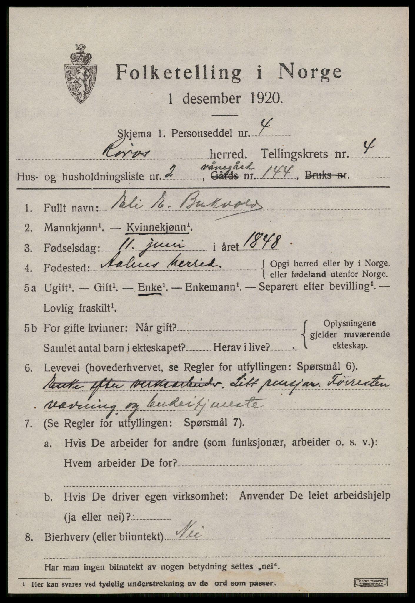 SAT, 1920 census for Røros, 1920, p. 4522